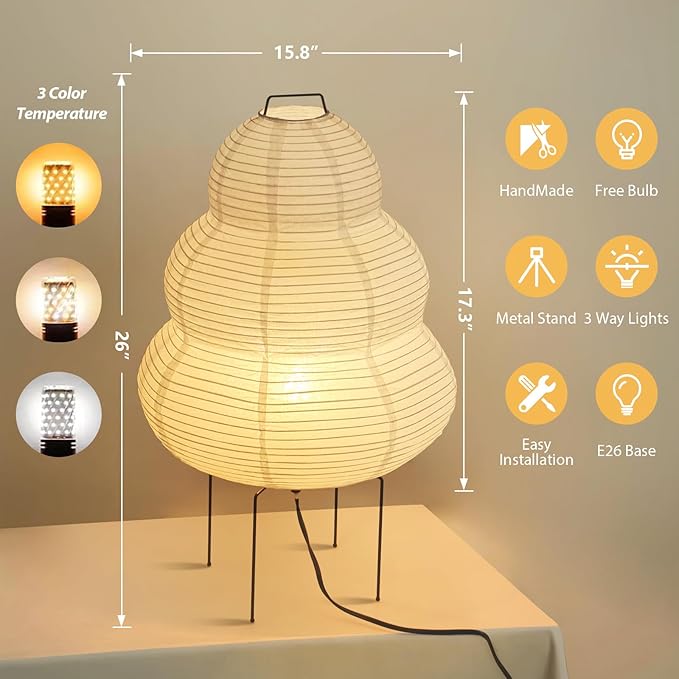 Buovikalo Noguchi Lamp, Wabi-Sabi Paper Floor Lamp, Dimmable Japanese Rice Paper Lantern, Akari Floor Lamp with 3 Color, Japan Lamp for Living Room, Bedroom or Desktop photo 3
