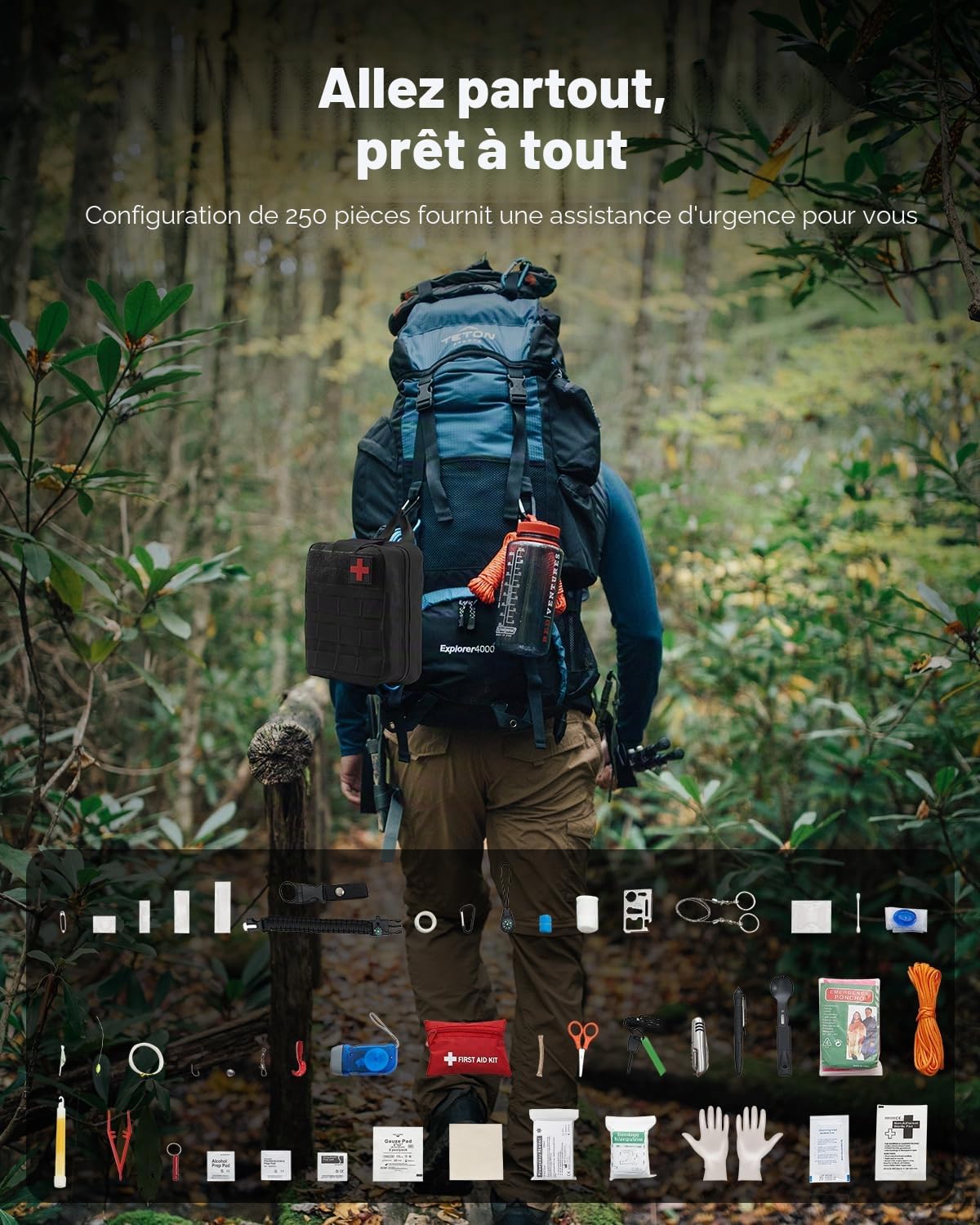 VEVOR Trousse Premiers Secours en Nylon 600D Kit Sac de Survie 250 PCS Fournitures Médicales d'urgence, Tissu Résistant, pour Camping, Bateau, Voyages, Randonnée, Chasse, Aventure en Plein Air, Noir