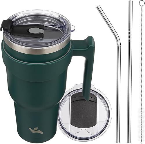 Vaso de 40 onzas con asa y 2 pajillas, 2 tapas, botella de agua aislada de acero inoxidable al vacío, taza de viaje reutilizable, verde militar