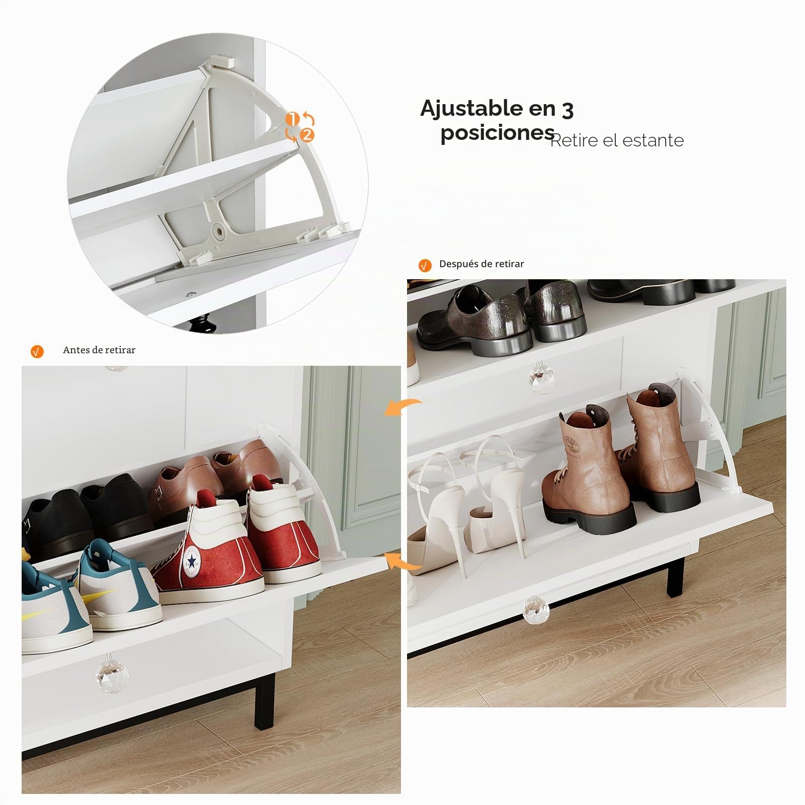 VOWNER Zapatero Entrada Recibidor, 2 Puertas, Zapatero Blanco, Particiones Ajustables, Madera, para Entrada Estrecha, con Patas de Acero, 80 x 24 x 92 cm, Pasillo