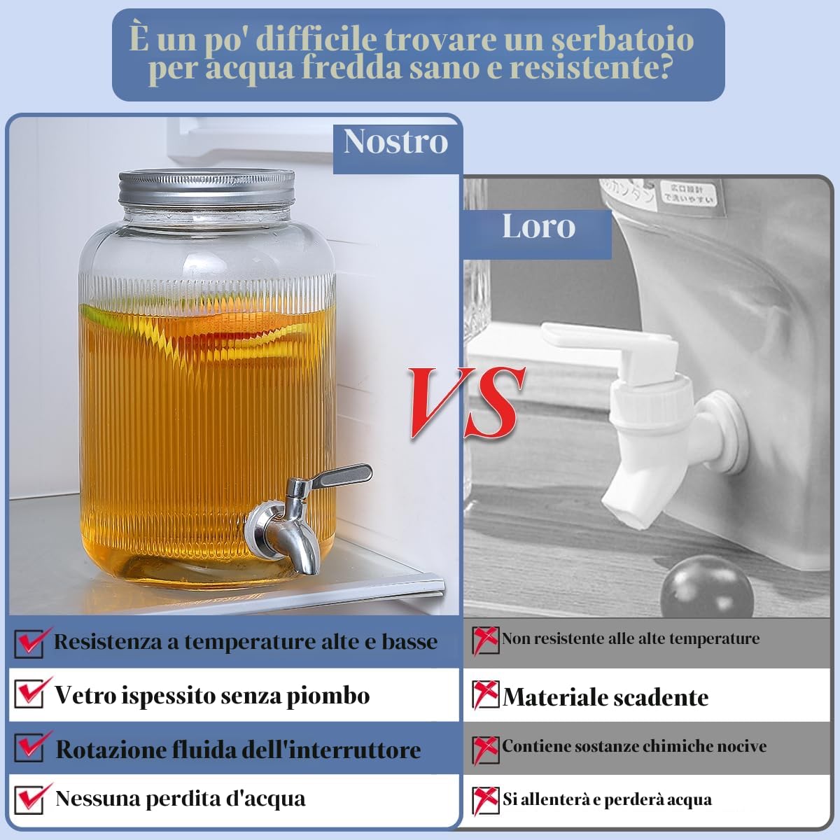 Evanda Dispenser bevande in vetro con rubinetto in acciaio inox a prova di perdite, distributore di bevande ghiacciate da 4 l, per la preparazione di tè freddo, limonata e succhi di frutta
