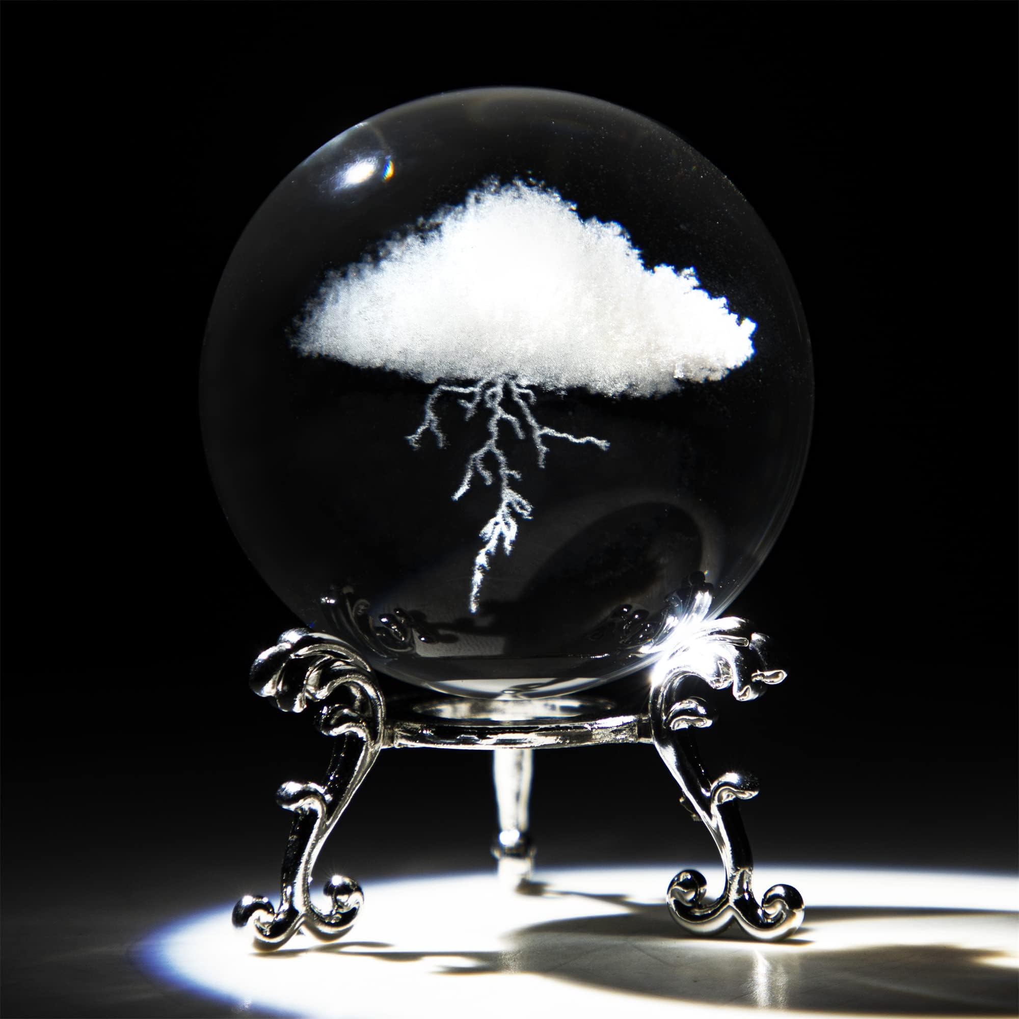 HDCRYSTALGIFTS 3D Lightning Cloud Crystal Decorative Ball Paperweight with Free Stand,60mm (2.3inch) Glass Art Engraving Sphere for Home Feng Shui Decoration Ornaments