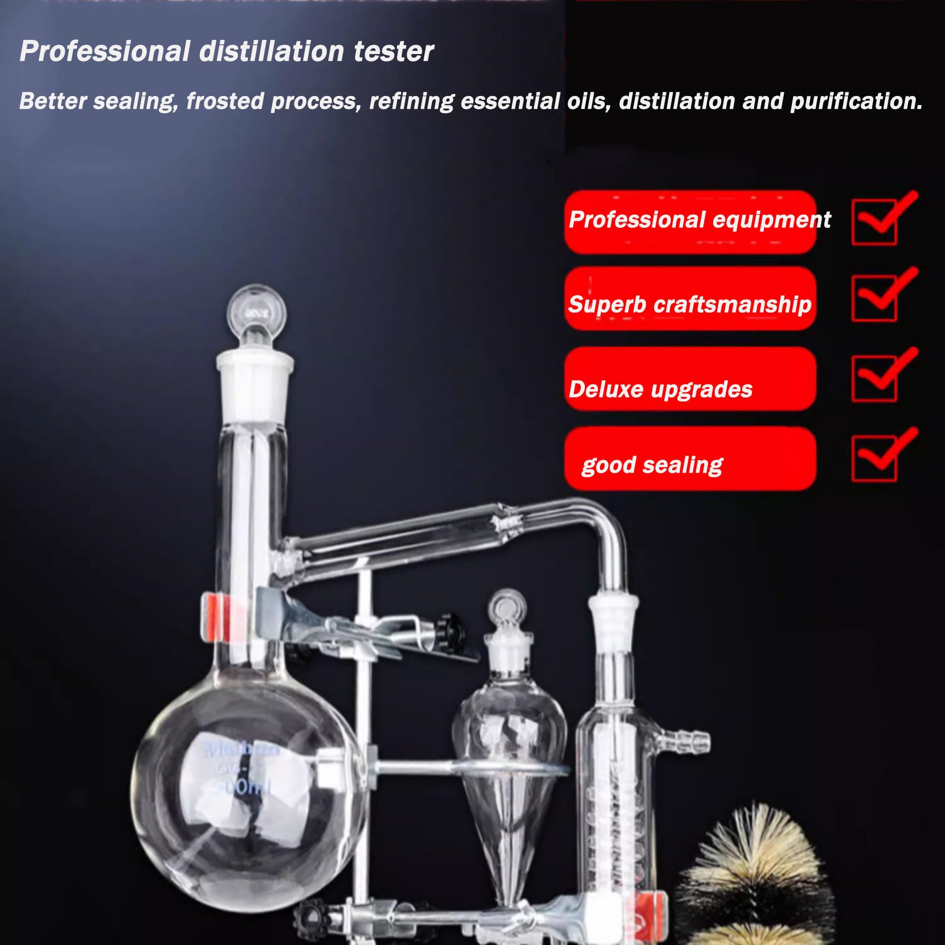 Kit De Cristalería De Laboratorio, Aparato De Destilación De Aceite Esencial De Laboratorio, 500ML con Condensador Serpentino De Frasco Espesado, Refinando Agua Destilada Pura De Rocío,