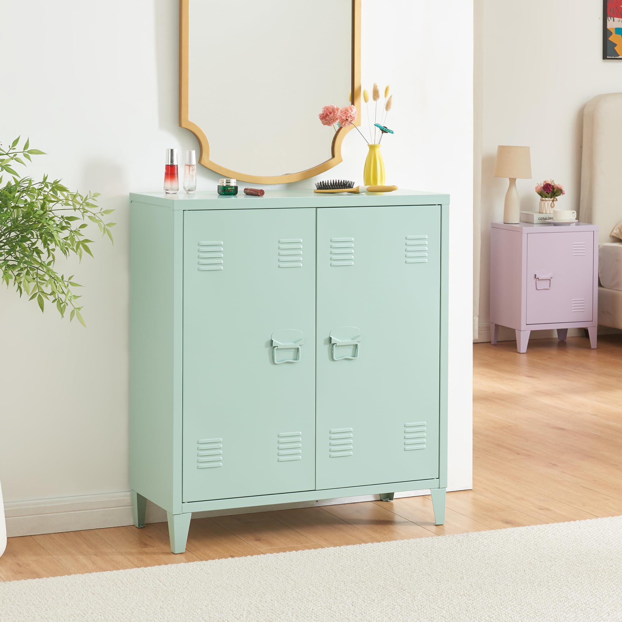 [en.​casa] Armario Metálico de Oficina con Cerraduras Magnéticas Mueble Organizador con Estante Regulable Ventilación Óptima Acero 90 x 80 x 33 cm - Verde Pastel