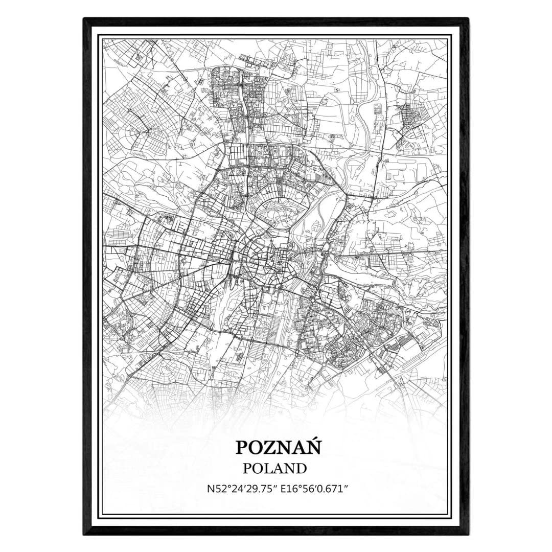 TANOKCRS Mapa Poznania Polska Karta na Ścianę Obraz na Płótnie Druk Plakat Dzieło Sztuki Bez Ramki Nowoczesna Czarno-Biała Mapa Pamiątka Prezent Dekoracja Domu 61x92 cm