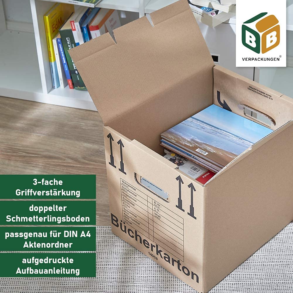 BB-Verpackungen 10x Bücherkartons Aktenkarton COMPACT 410 x 328 x 348 mm (10 Stück) 2-wellig | doppelter Boden, recycelte Pappe und dreifach Griffverstärkung