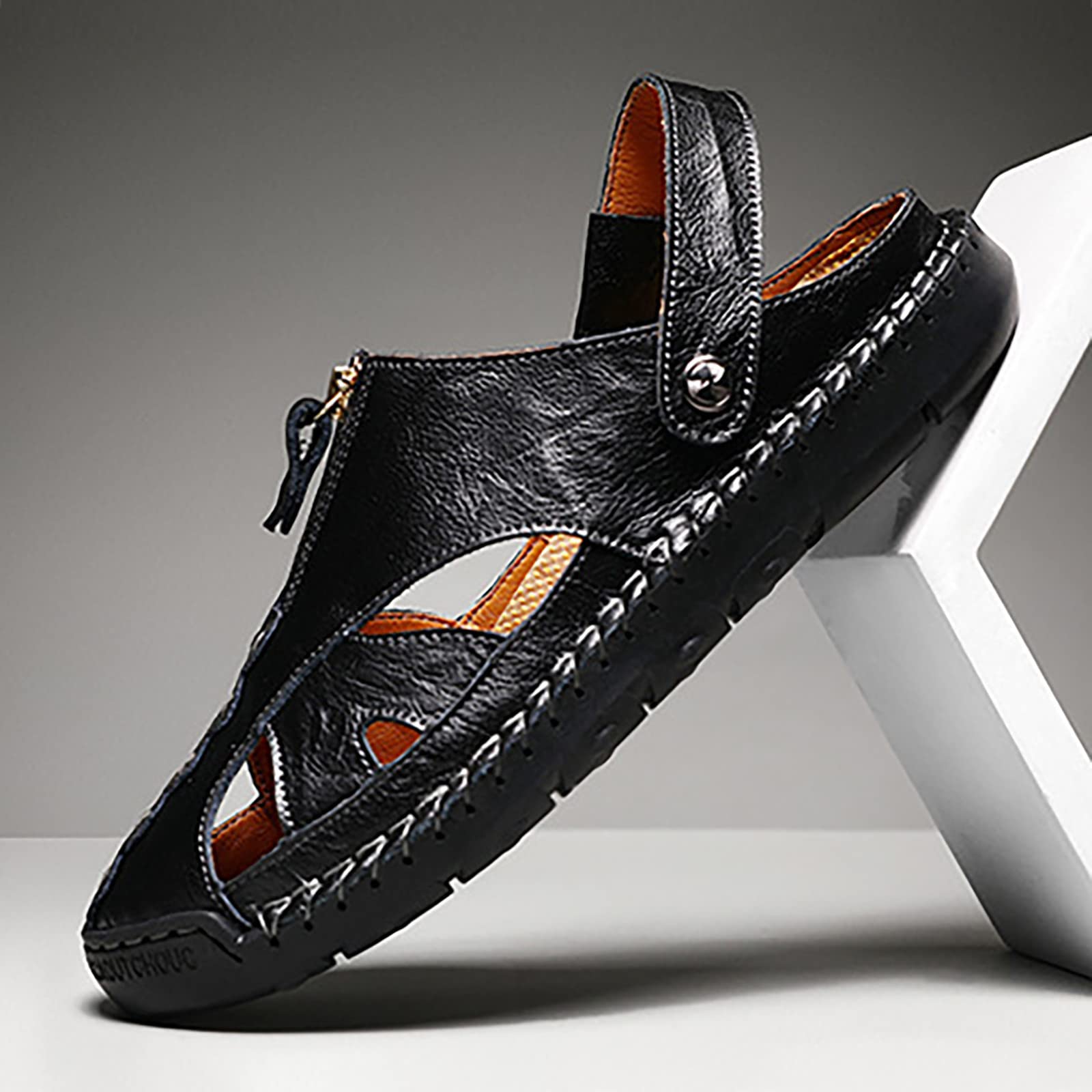 Sandalias Hombre Suela de Goma Cuero con Bandas Ajustables Talla Grande Chanclas Casual Deportivas Transpirable Zapatillas Soporte de Arco Punta Reforzada para Playa Verano Piscina