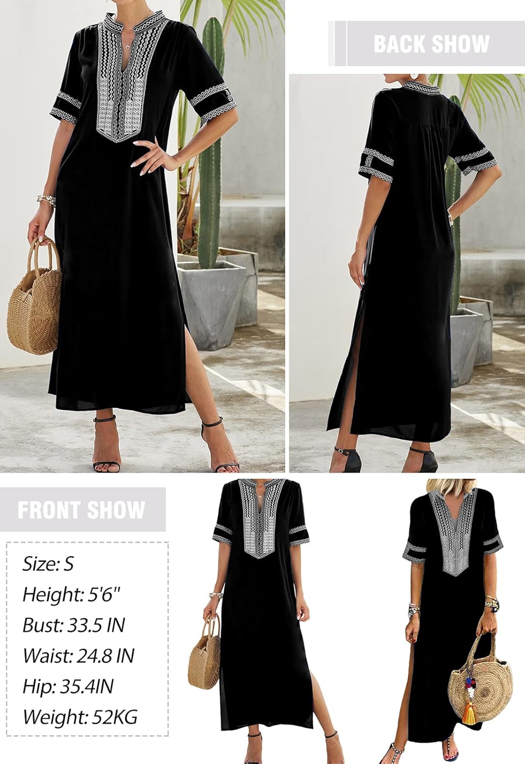 GOSOPIN Women Bohemian V Neck Short Sleeve Floral Maxi Dress Small Black