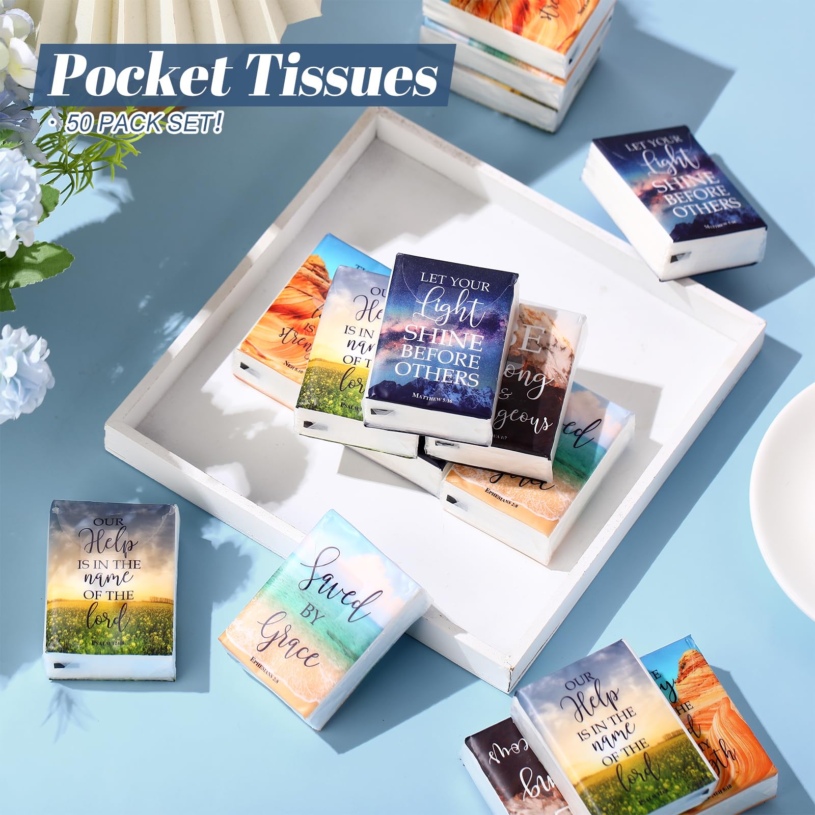 Outus Confezione da 50 fazzoletti tascabili cristiani, formato da viaggio, 4 strati, piccoli versi biblici, confezione da 400 fogli, regalo religioso ispiratore, per colleghi di chiesa, matrimoni