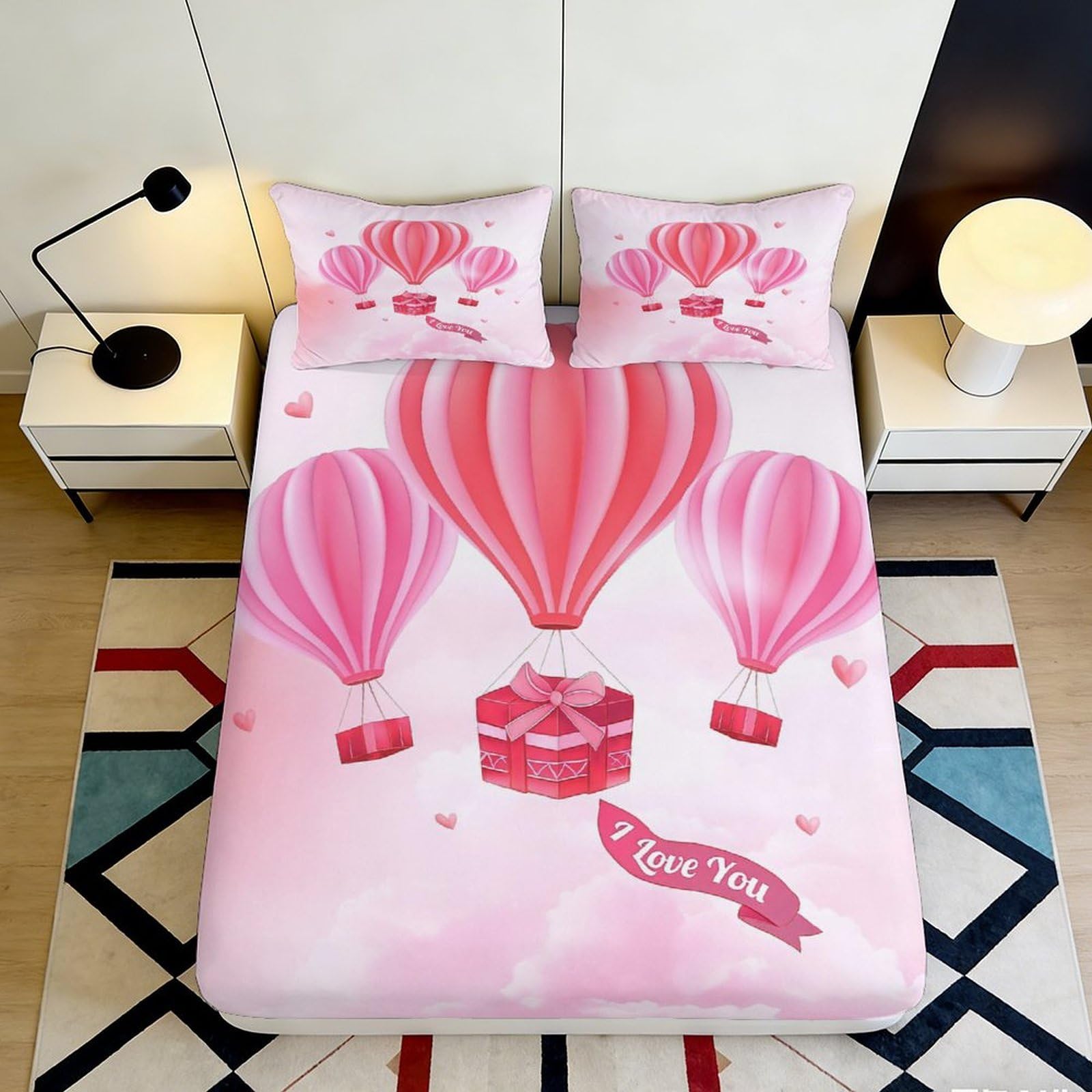3D Printed Hot Air Balloon Fitted Sheet Microfiber Deep Pocket Non-Slip Bedroom Bedding Hot Air Balloon Mattress Fitted Cover Washable 180x200x25cm