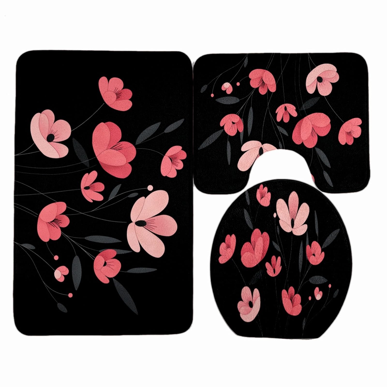 Tapis d'entrée plantes noires et grises 3 pièces pour couloir et bain 45x75cm