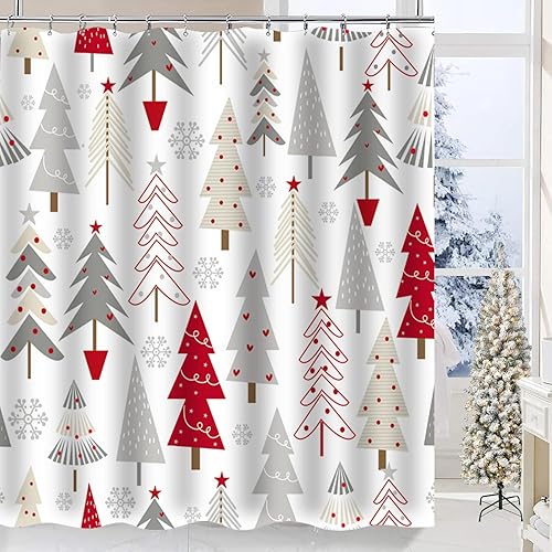 Miniatura 4 de Cortina de ducha de Navidad, árbol de Navidad, cortina de baño con diseño de estrellas y estrellas, bonitas cortinas de baño de invierno con ganchos