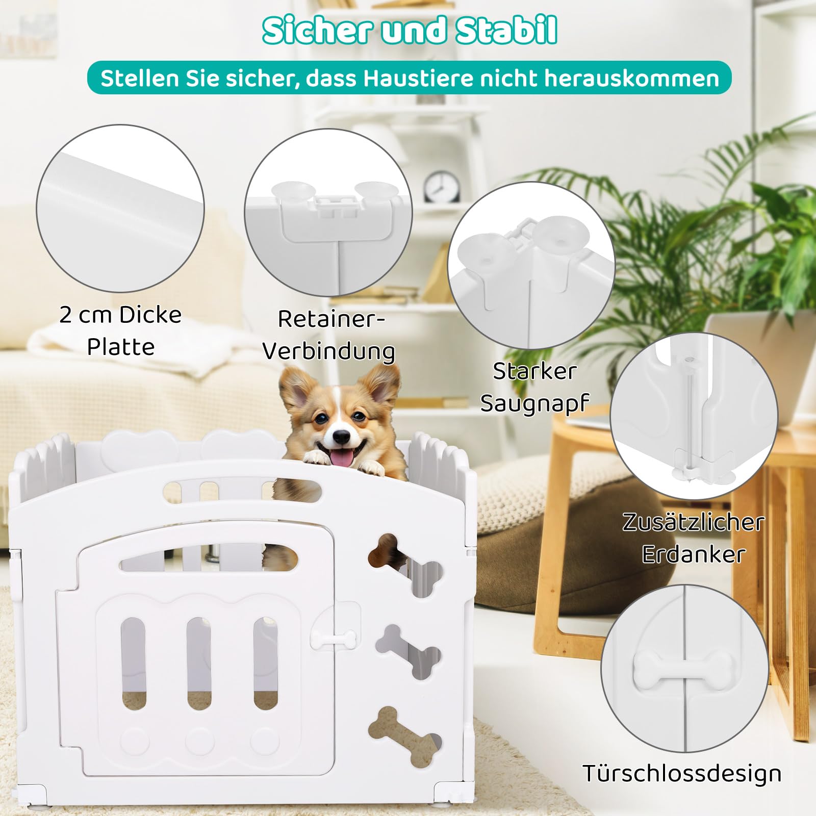 Recinto per Cani da Interno Esterno alto 60cm, Box per Cani 3+1 Pannelli, Recinzione per Cani Pieghevole, Recinto per Gatti in Plastica con Cancello, Incluse Ventose e Ancoraggi a Terra, Bianco