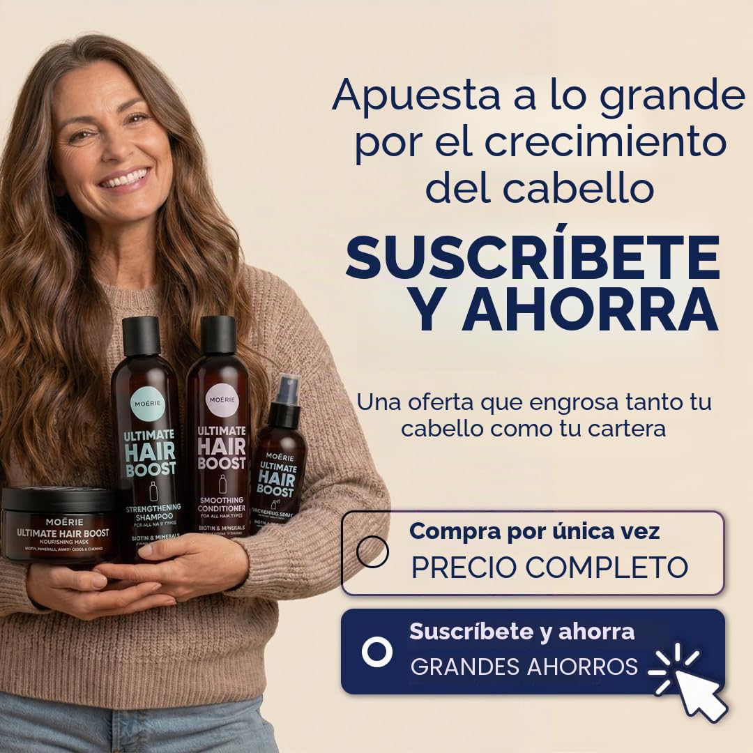 Moerie Set champu de cabello crecimiento y acondicionador pelo Plus mascarilla pelo y Spray – Cabello Más Largo, Más Fuerte –Voluminizadores para el Cabello – Sin Parabenos ni Silicona – 8 productos