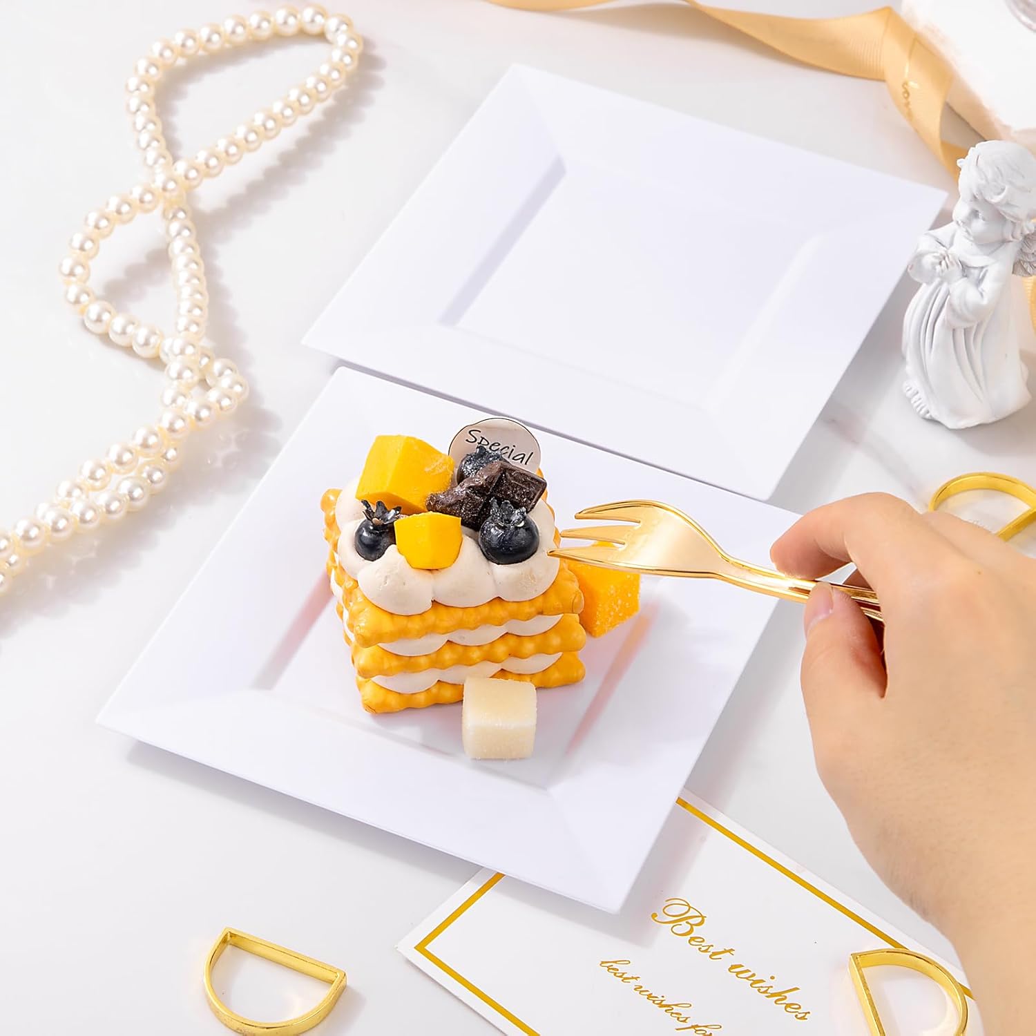 supernal 200Pcs White Dessert Plates,White Disposable Square Plates for 100 Guests, Including 100 Plastic Appetizer Plates and 100 Dessert Forks for Party Afternoon tea Wedding Easter