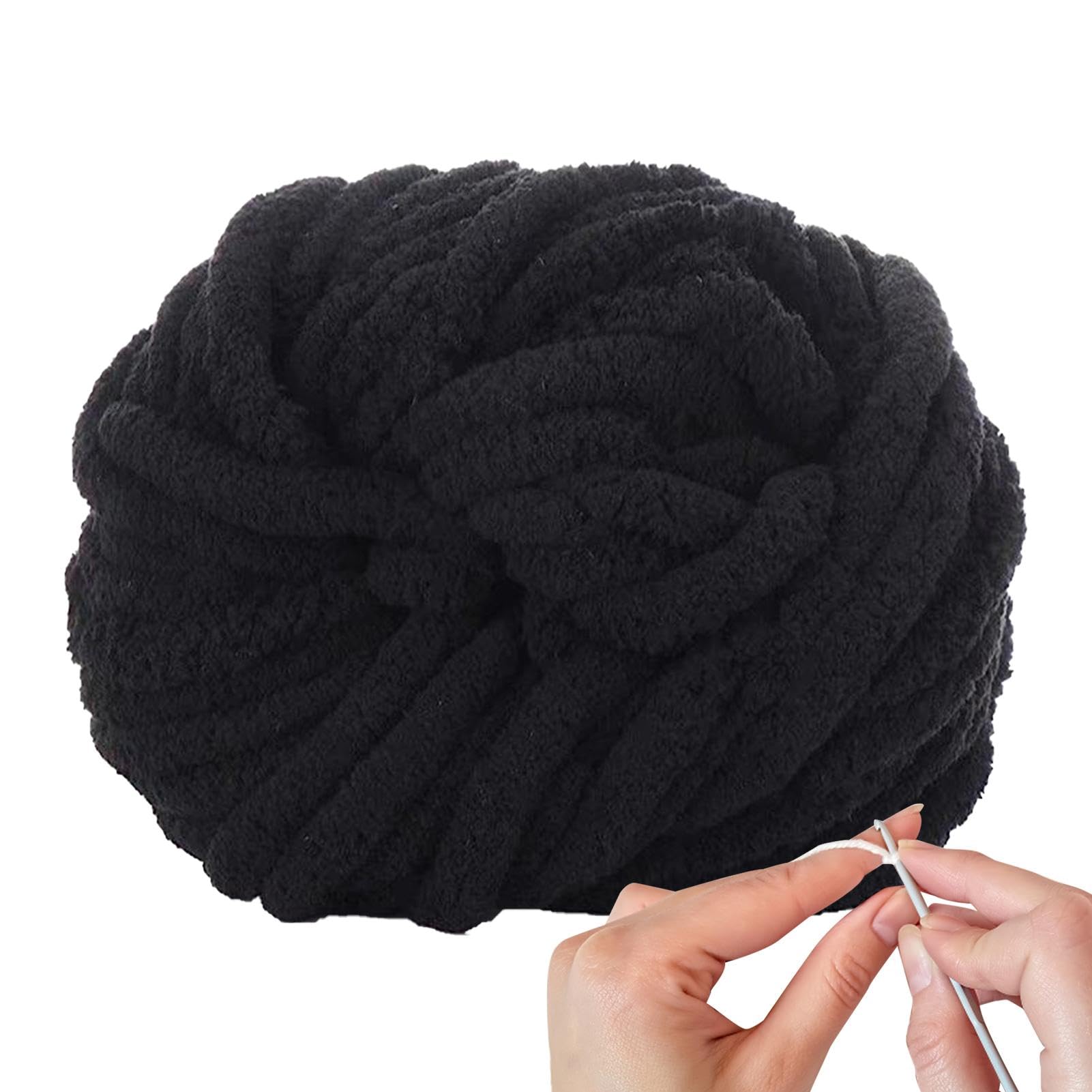 Generic Super Chunky Chenille Soft Wool Yarn for Knitting, Crochet, Handmade Crafts, Scarves, Blankets, Hats, 27m, 2cm Thick, Black