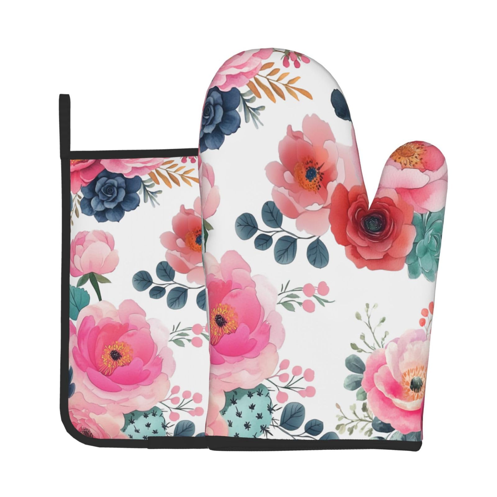 Watercolor Floral Oven Mitts and Pot Holders Sets Pink Botanical Prints Oven Mitts Heat Resistant Vintage Flowers Kitchen Gloves Hot Pads Two Piece Set for Cooking Baking Grilling BBQ