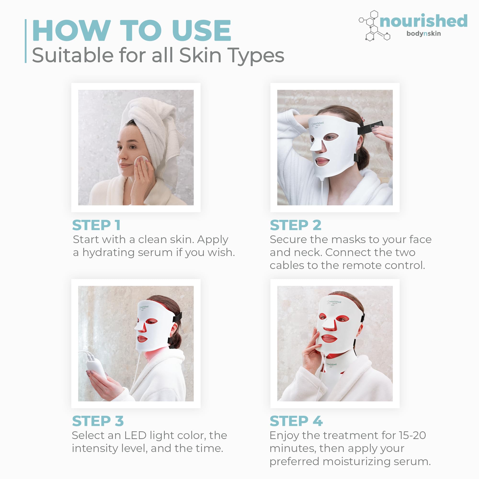 Nourished Bodynskin 7 Colors LED Face and Neck Mask with Near-Infrared, Blue, Red Light Therapy for Face, 228 LEDs - Image 4