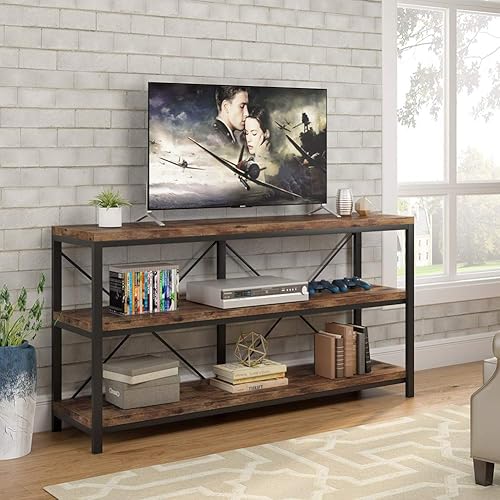 Miniatura 3 de Tribesigns Mesa de sofá de 55 pulgadas de largo con estantes de almacenamiento, mesa consola rústica industrial de 3 niveles con estantes abiertos,