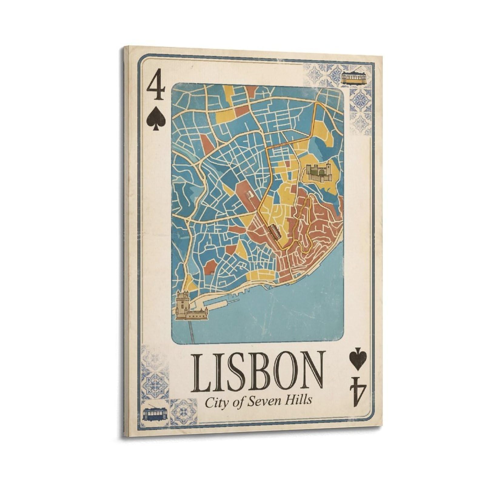 OKNGB Vintage City Map Poster Lisbon Seven Hills Playing Card Style Decorative Painting Canvas Art Picture 20x30inch(50x75cm)