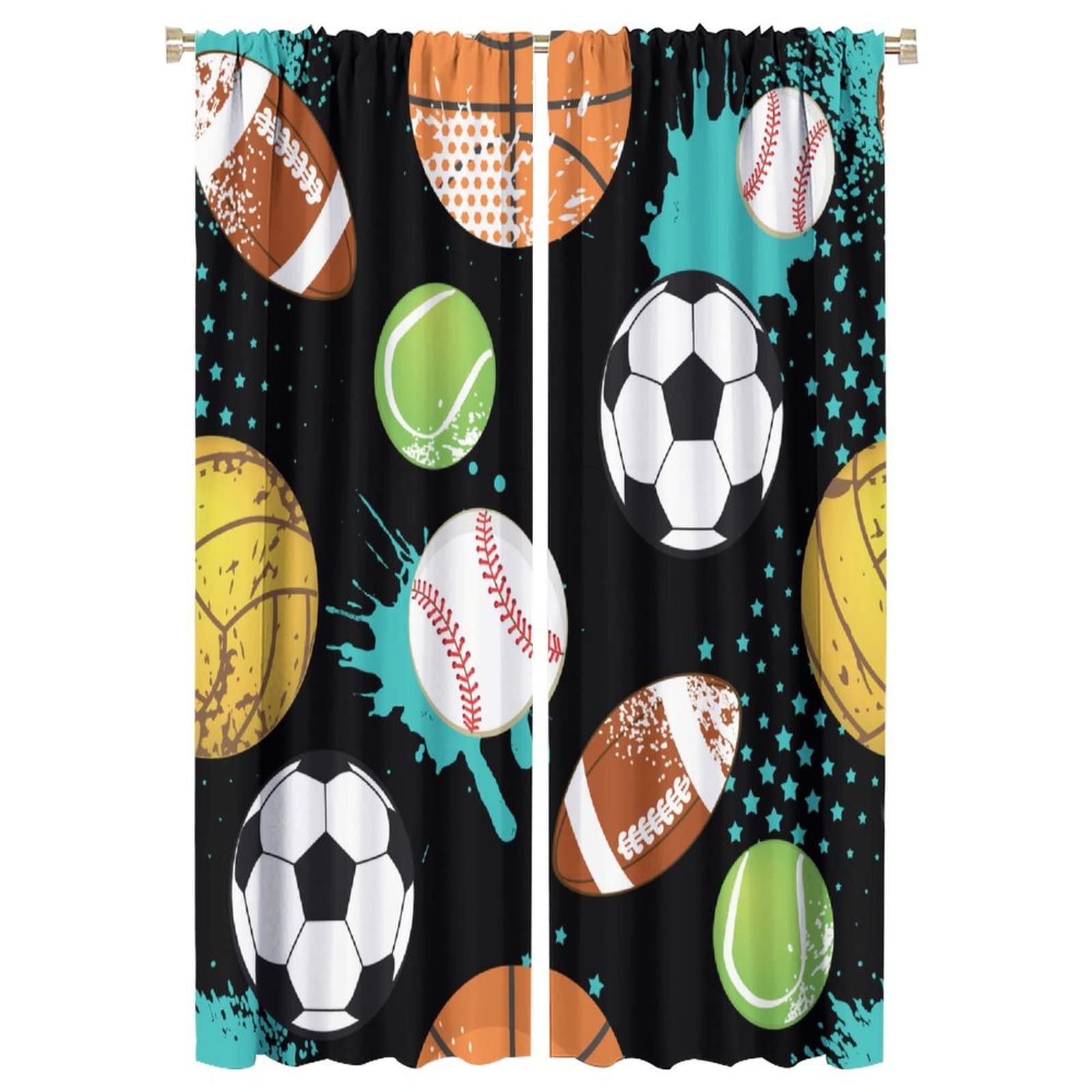 JESTRONRY Sport Window Curtains,Abstract Basketball Football Soccer Rugby Baseball Sports Theme Home Fabric Living Room Kids Boys Girls Teens Bedroom Home Decor Blackout Drapes W42xL63in