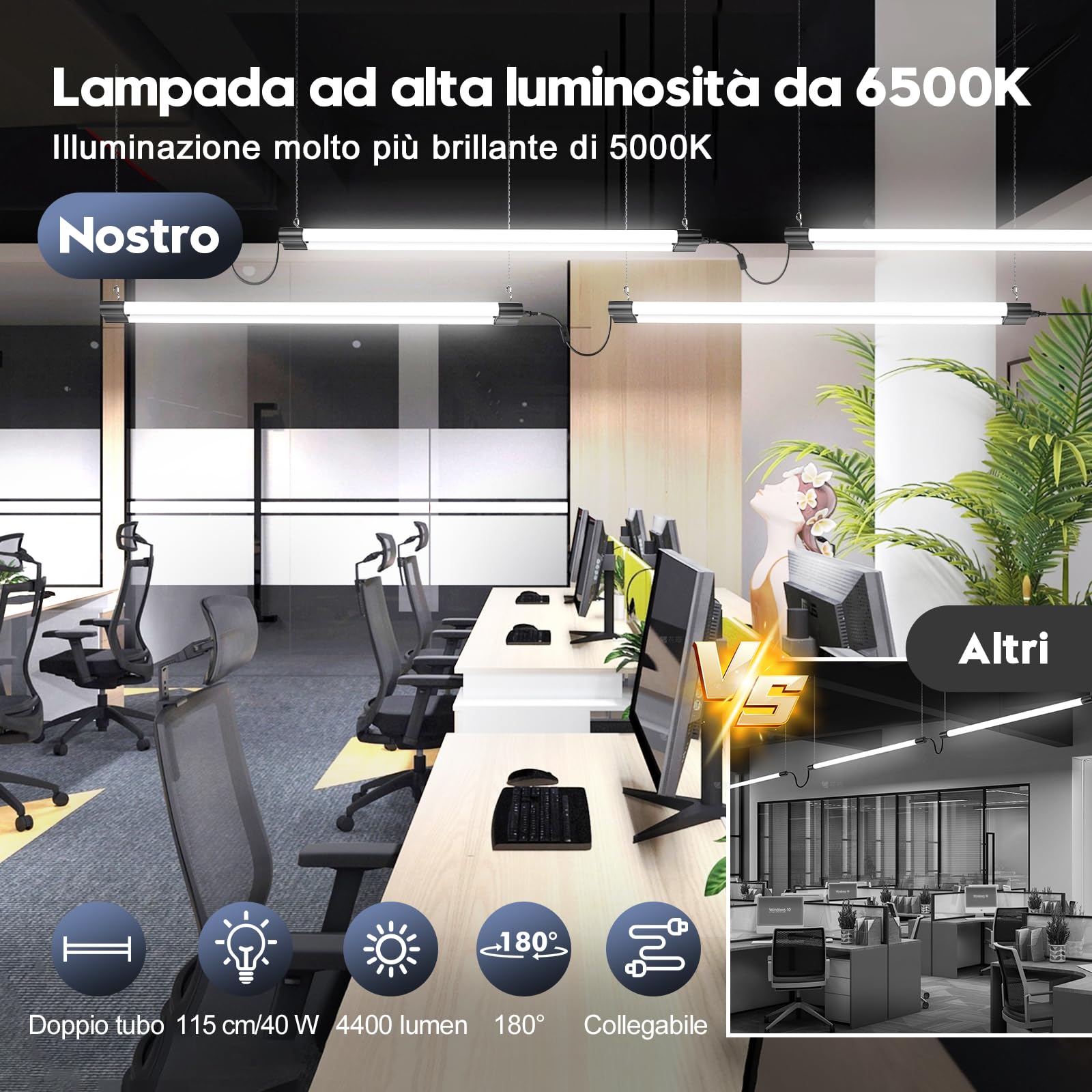 Sararoom Tubo Neon LED 115CM 40W Plafoniera Led Soffitto, 4400LM T8 Barra Led 6500K Bianca Fredda Collegabili Tubolare Sottopensile Luce con Spina, IP20 Lampada per Garage Officina Ufficio Cucina,8Pc