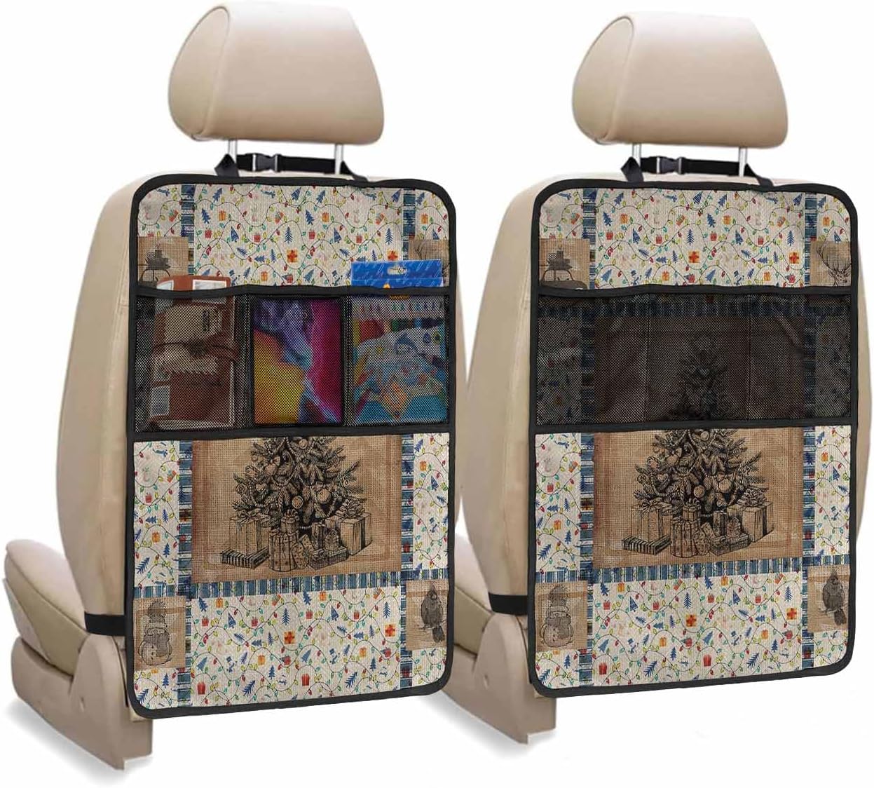 Car Seat Protector, 2 Pack Kick Mats with Organizer - 3 Pocket Storage, Christmas Cardinal Snowman Christmas Tree Gift Box Back Seat Cover for Kids Universal Fit Automotive Interior Protectors