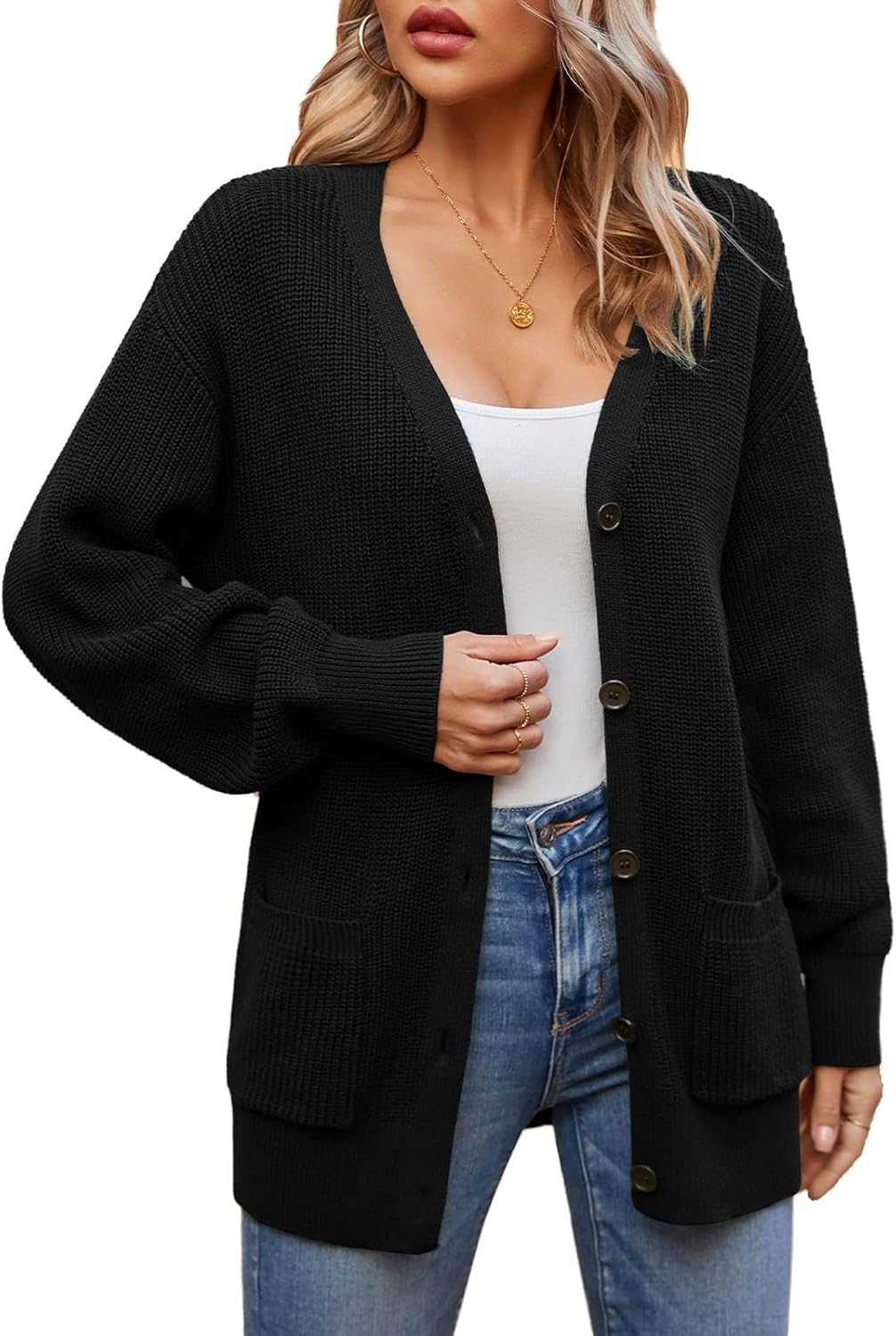 QUALFORT Women's 100% Cotton Cardigans for Women Lantern Sleeve Oversized Sweater with Pockets Womens Fall Cardigans 2026 - Image 3