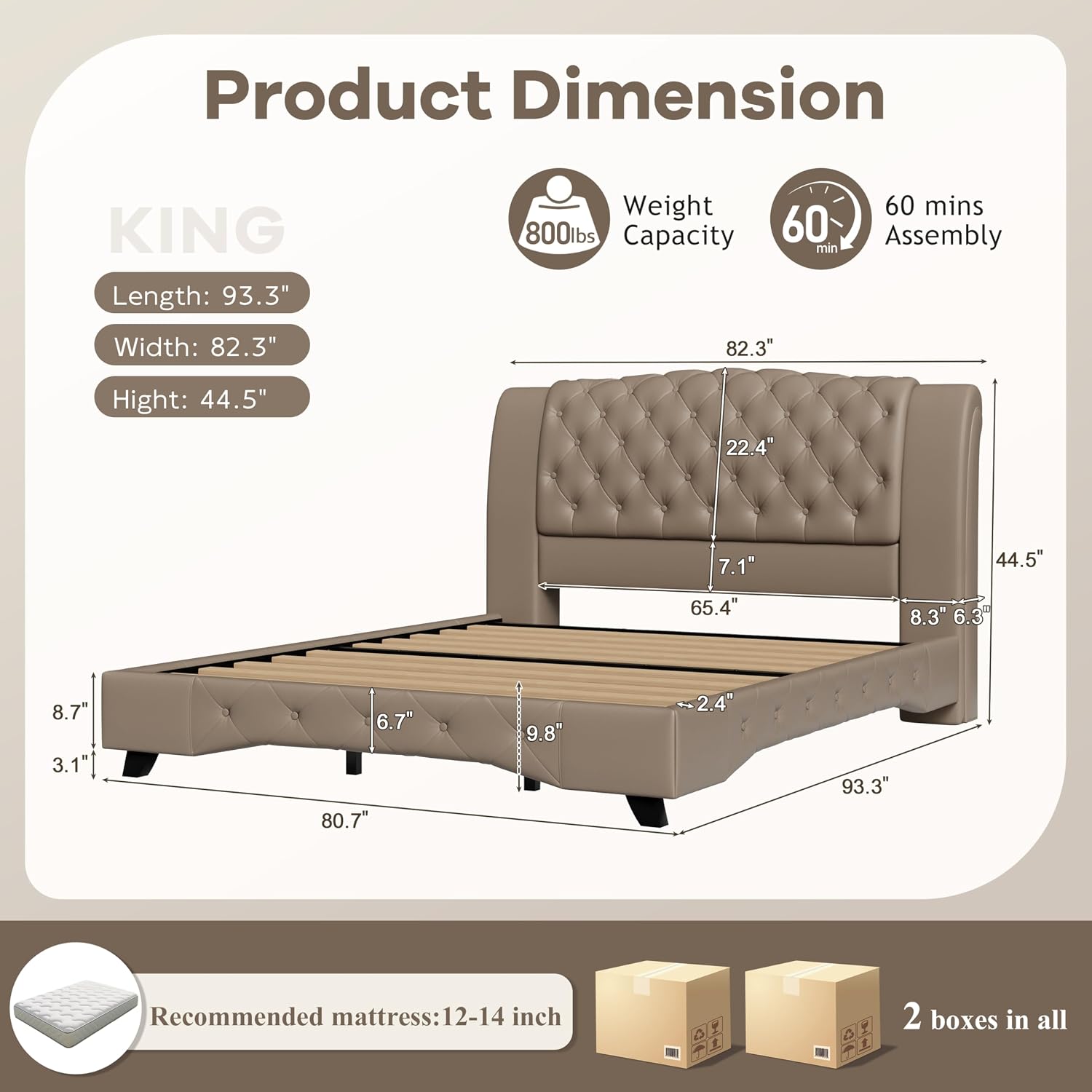 Christopher Knight Home Hira King Bed Frame and Headboard, King Size Bed Frame with Button Tufted, PU Leather Upholstered Platform Bed, Wooden Slats Support, No Box Spring Needed, Brown