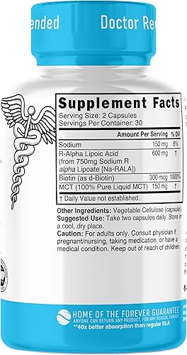 Miniatura 5 de Nutri R Ácido alfa lipoico 600 mg Cápsulas - Ácido lipoico R estabilizado con biotina - Forma activa R-ALA - Dosis clínica - Potente antioxidante y