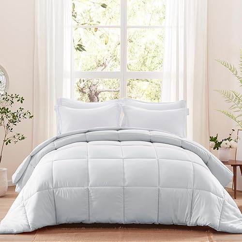 Miniatura 3 de SunStyle Home Edredón King  Edredón de cama alternativo de plumón gris claro, tamaño King, relleno de edredón para todas las estaciones, edredón de