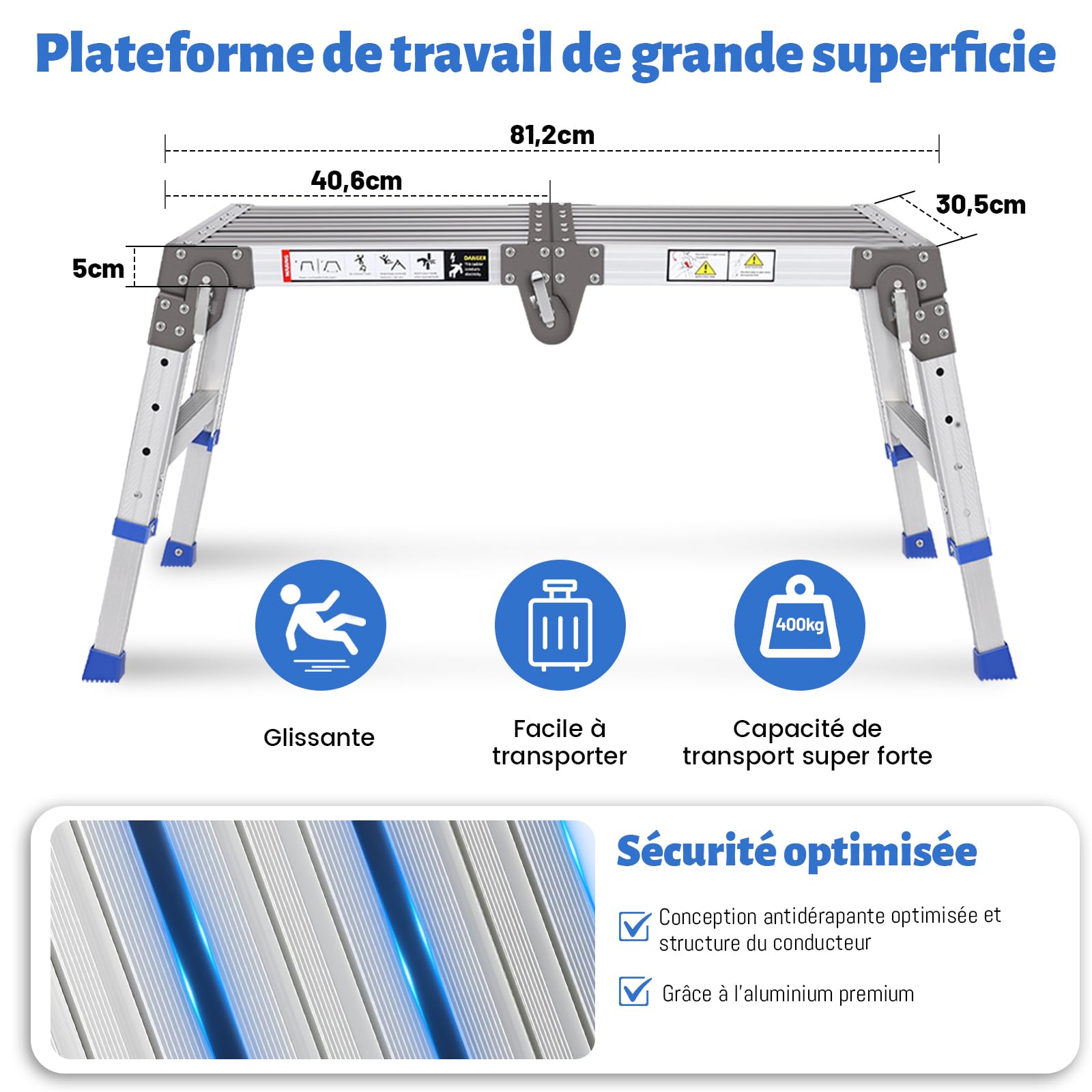 Plateforme de Travail en Aluminium améliorée Pliable jusqu'à 362 kg - Plateforme de Travail réglable en Aluminium - avec serrures de sécurité