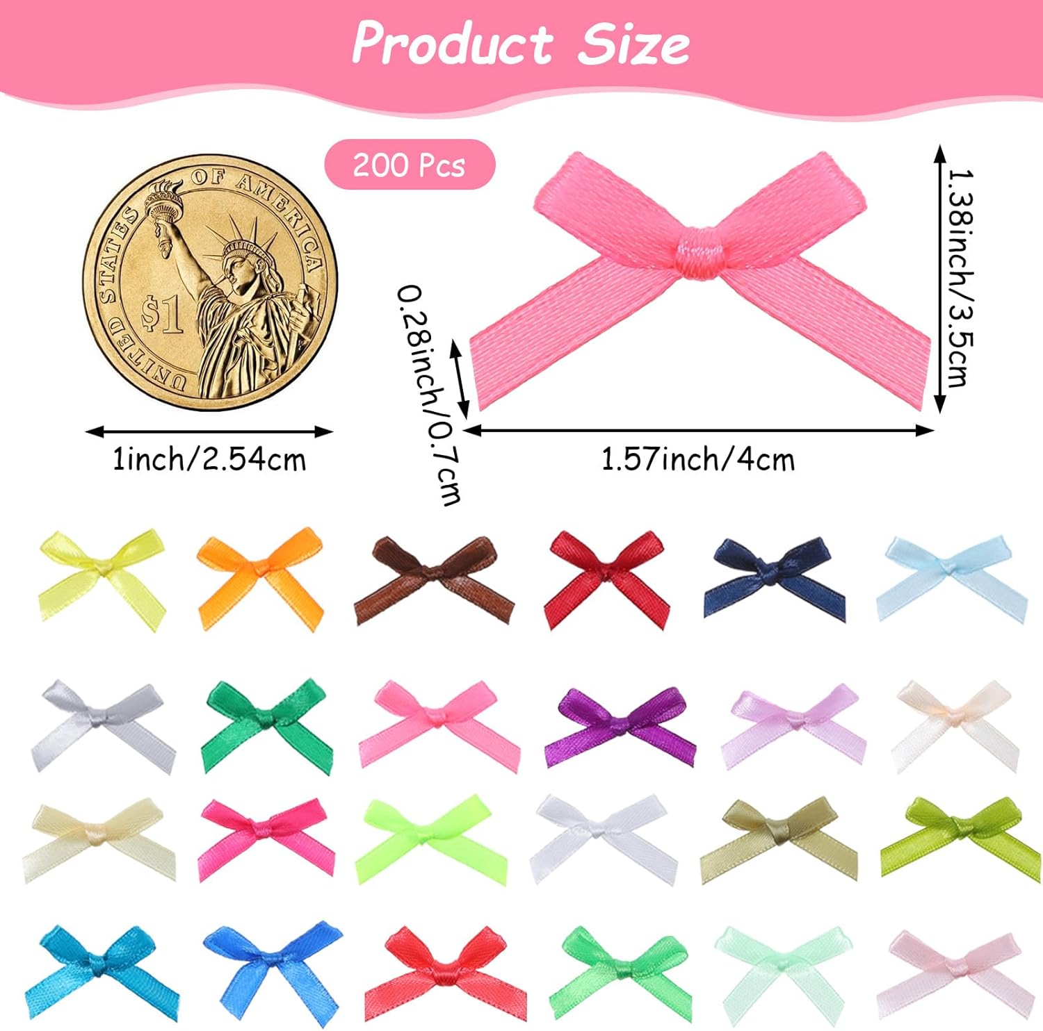 Colorful Mini Ribbon Craft Bows 200pcs 1.57" X 1.38" Satin Ribbon Small Bows for Crafting Decor Fabric Tiny Bows for Baby Girls DIY Embellishments for Gifts Clothes and Party Decorations - Image 2