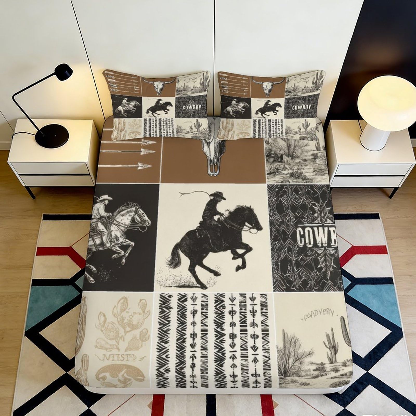 3D Printed Chinese Calligraphy Horse Fitted Sheet Microfiber Artistic Ink Bed Cover for Bedroom Guest Room Decor 90x200x25cm