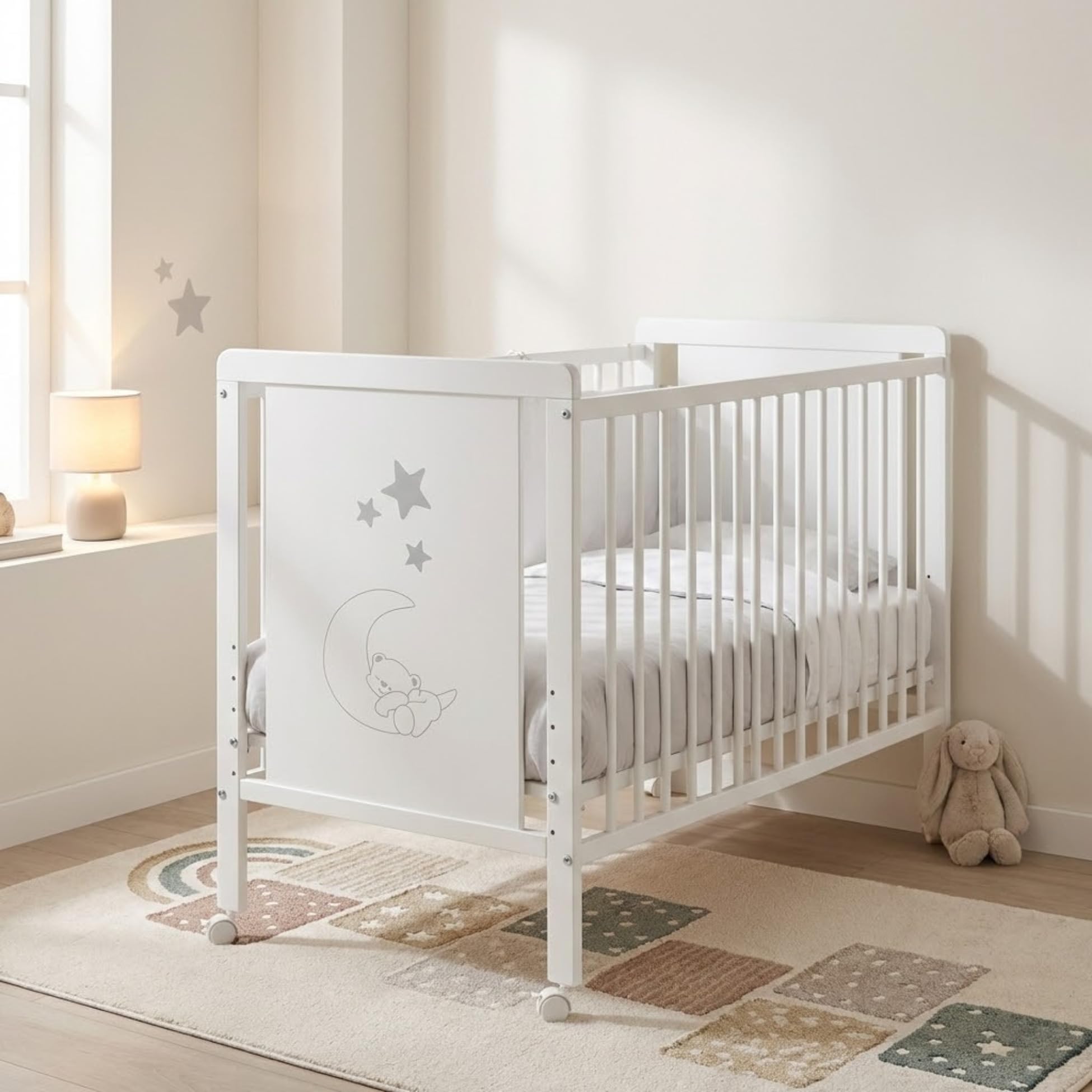 Cuna Evolutiva Madera Colchón Morfeo y Protector Colchón | Indi CoolDreams | Estilo nórdico, color blanco. Barandillas incluidas para convertirla en cama. Funda de colchón impermeable.