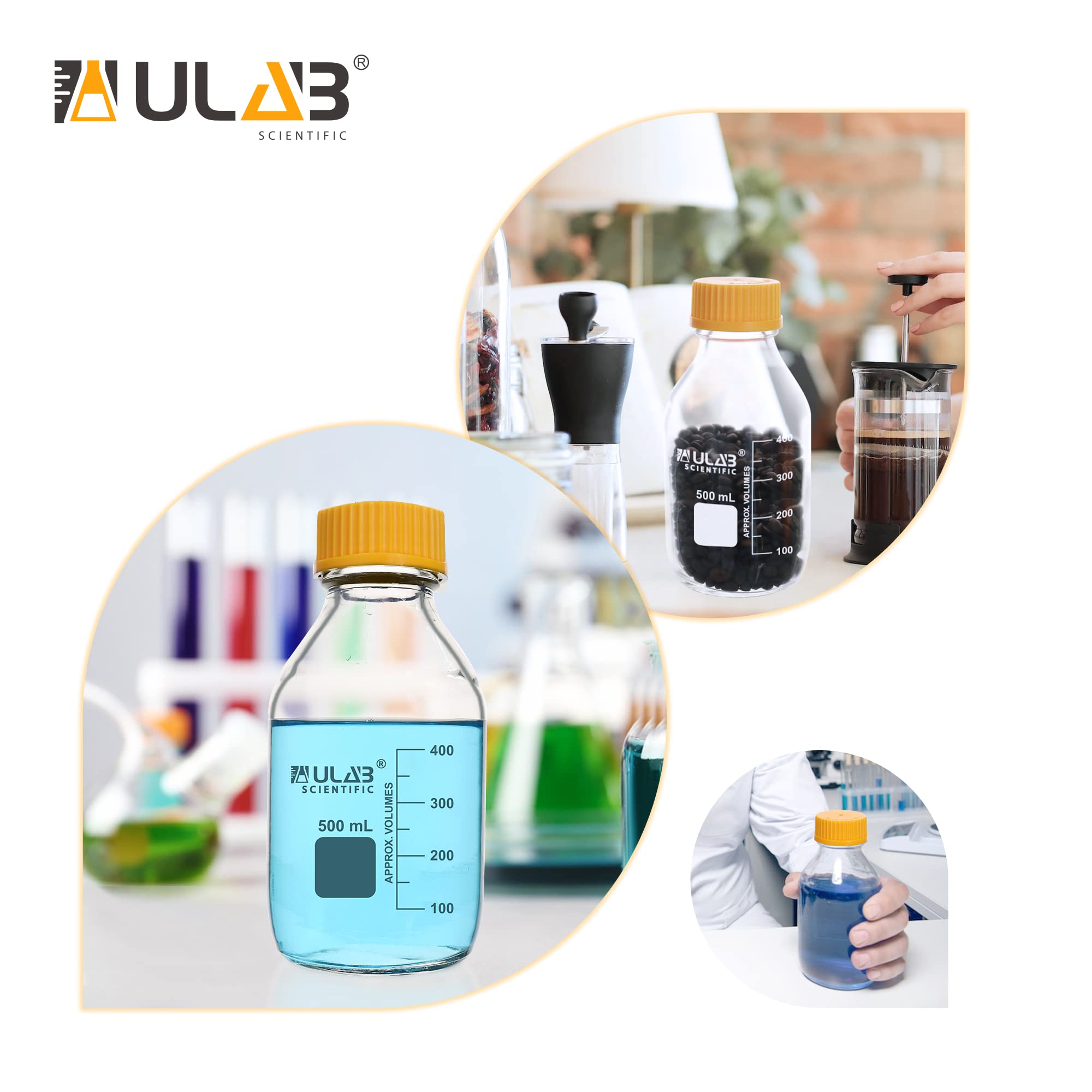 ULAB Runde Medien Laborflaschen Aufbewahrungsflaschen, 1000 ml, 3,3 Borosilikat glasflaschen mit GL45 Schraubverschluss, 2 Stück, URB1040