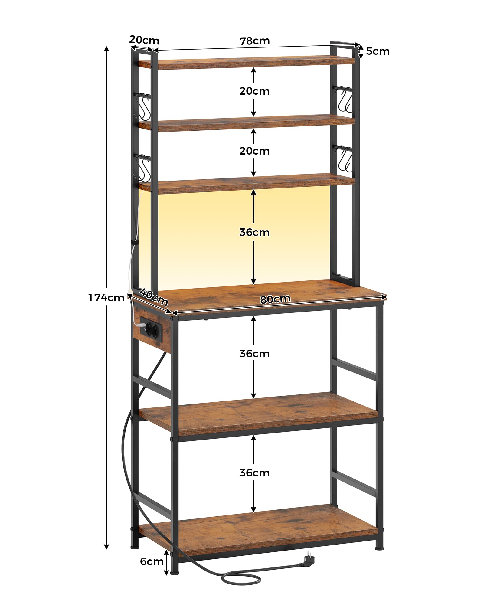 Estantería para panadería, Estante de Cocina, Estante de Panadería con LED, Estante de Pie con Enchufes, Mueble para Microondas, 8 Ganchos en S, para Pasillo, Cocina, Salón, 40 x 80 x 174 cm, Marrón