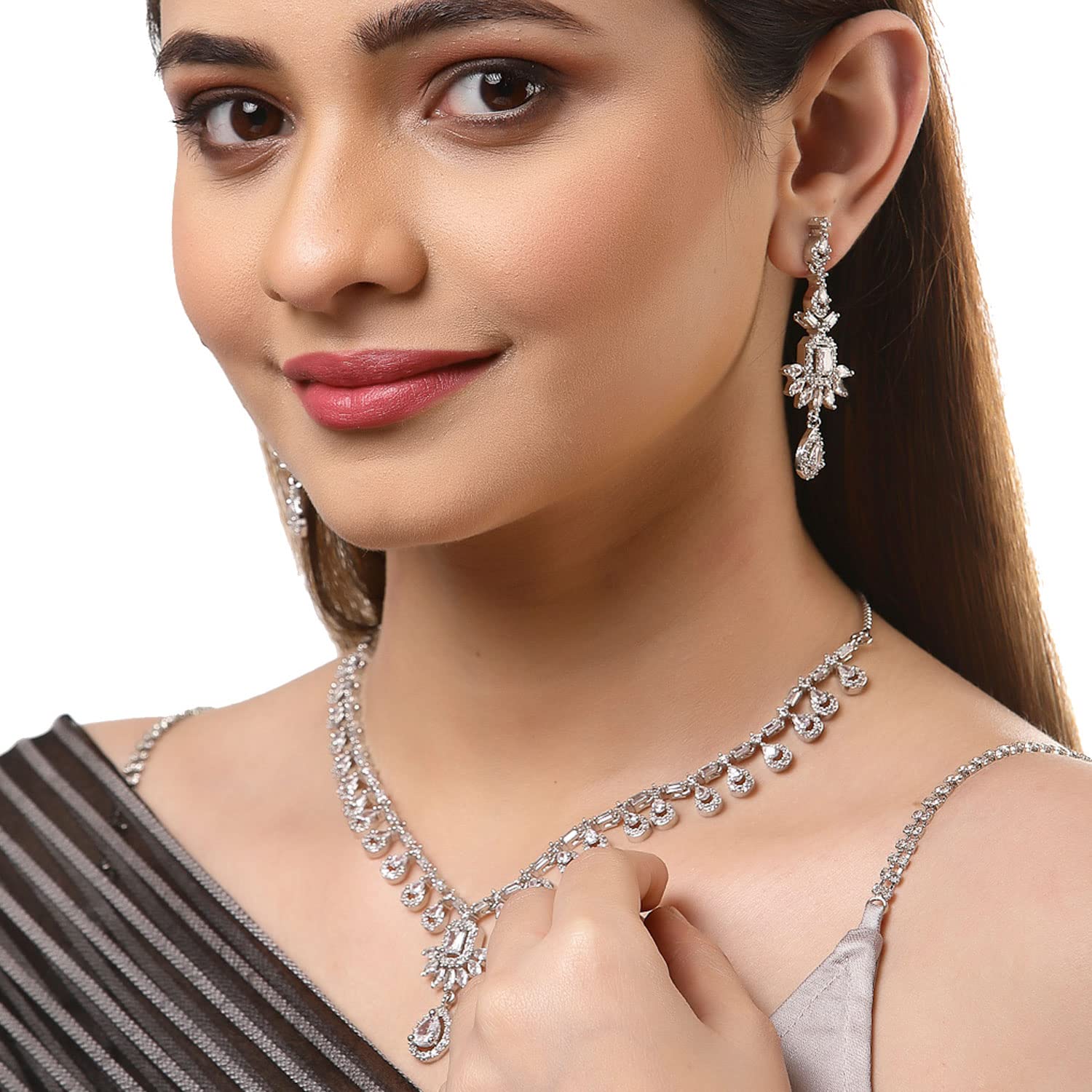 Elegant Rhodium Plated Necklace Set with American Diamond Studs