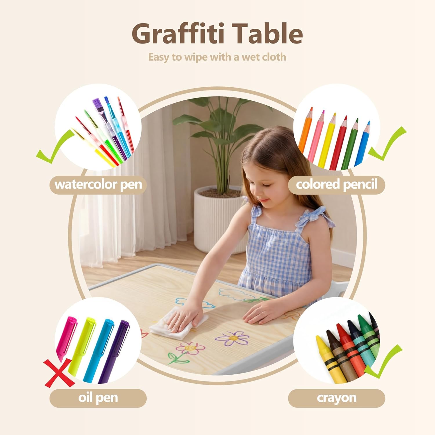 Kinder King Kids Table & 2 Chairs Set, Height Adjustable Graffiti Tabletop, Children Activity Table, Toddler Furniture Set for Classroom, Daycare, Home, Age 3+, Grey