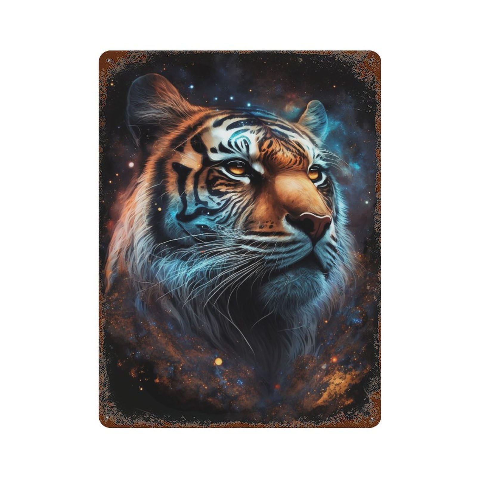 Aged Metal Wall Plaque with Cosmic Tiger Portrait-20 Design 15.7"x11.8", for Shed, Workshop And Garage Wall Decor, Decorative Metal Wall Art