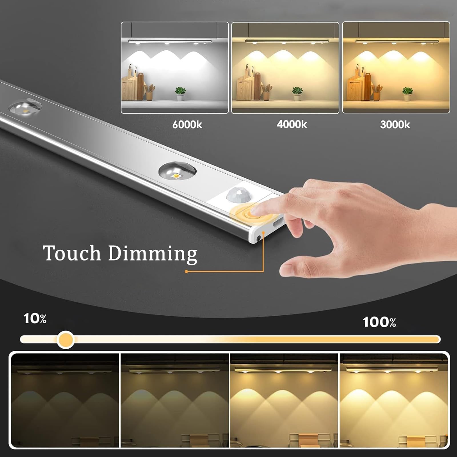 LED Schrankbeleuchtung Lampe mit Bewegungsmelder Dimmbar Unterbauleuchte Küche USB Aufladbar Acryl Wandleuchten Kabellos Magnetisch für Schrank Kleiderschran Schlafzimmer (Silber,100cm)