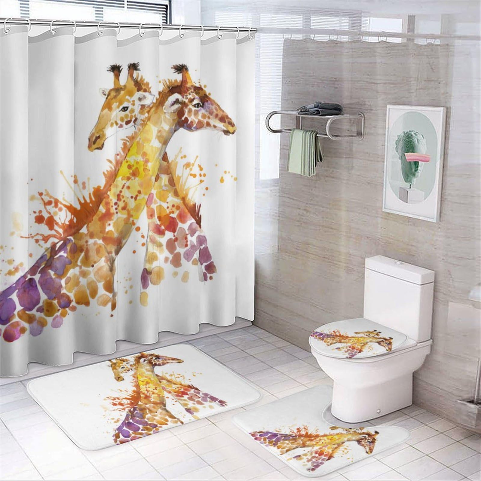 JZemdybill Bathroom Mat Set 4 Piece, Watercolor Giraffes Shower Curtain with Non-Slip Bath Mats for Bathroom