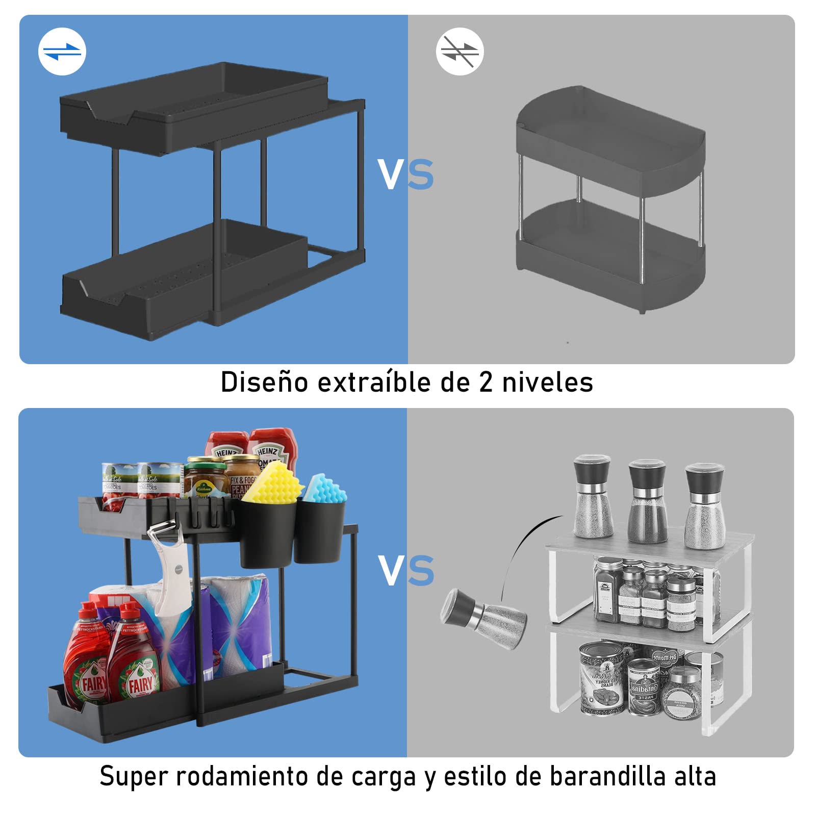 Organizador Bajo Fregadero Deslizable 2 Niveles, Estante Cocina de Gran Capacidad con 2 Cesta Colgante, 4 Ganchos, Almacenaje Debajo Fregadero Multiusos para Cocina, Baño, Dormitorio-Negro