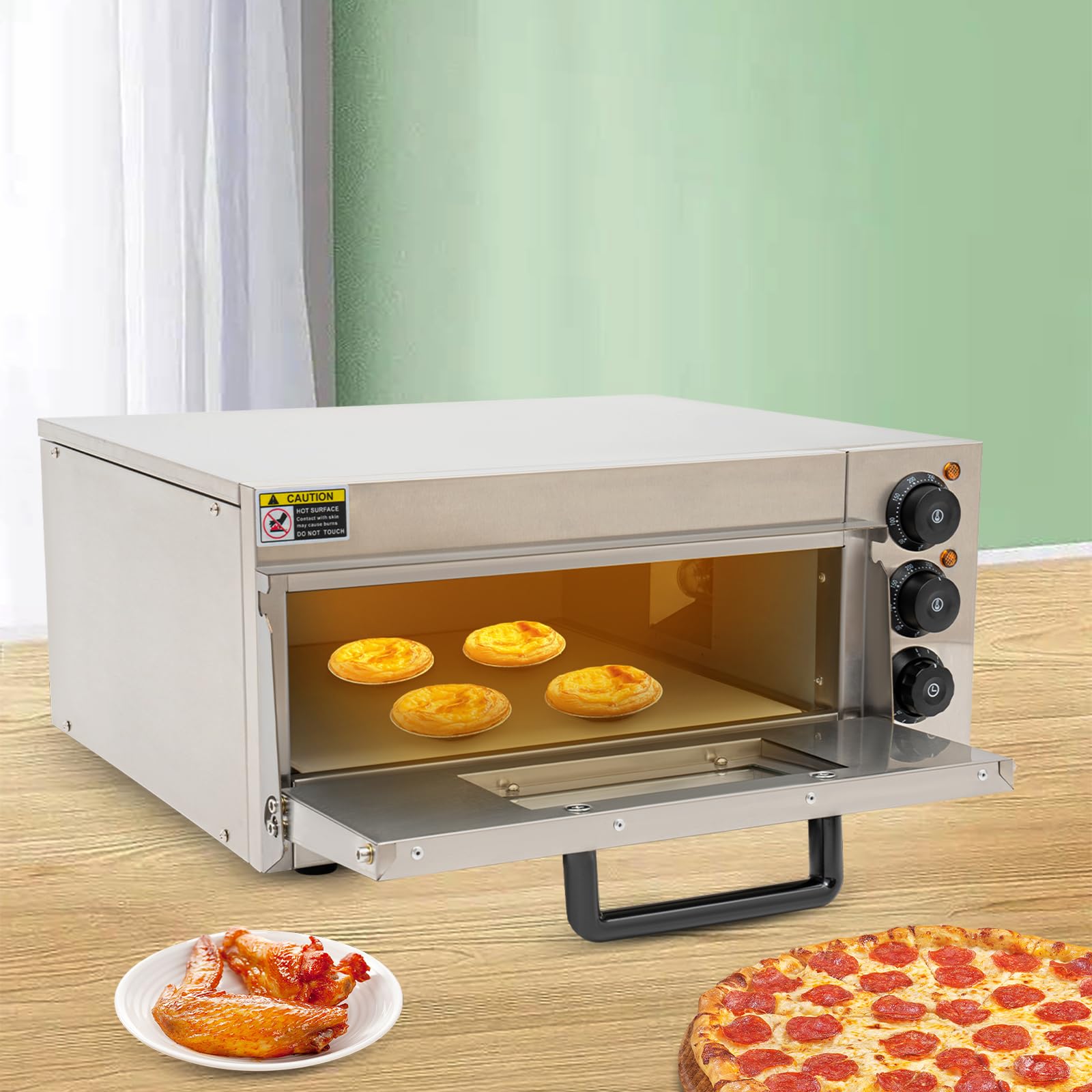 Indoor Pizza Oven Countertop,Electric Pizza Ovens Commercial 1800w With Pizza Stone And Timer,Heat Dissipation Holes And Anti-Scald Handle For Restaurants,Bakeries(Silver)