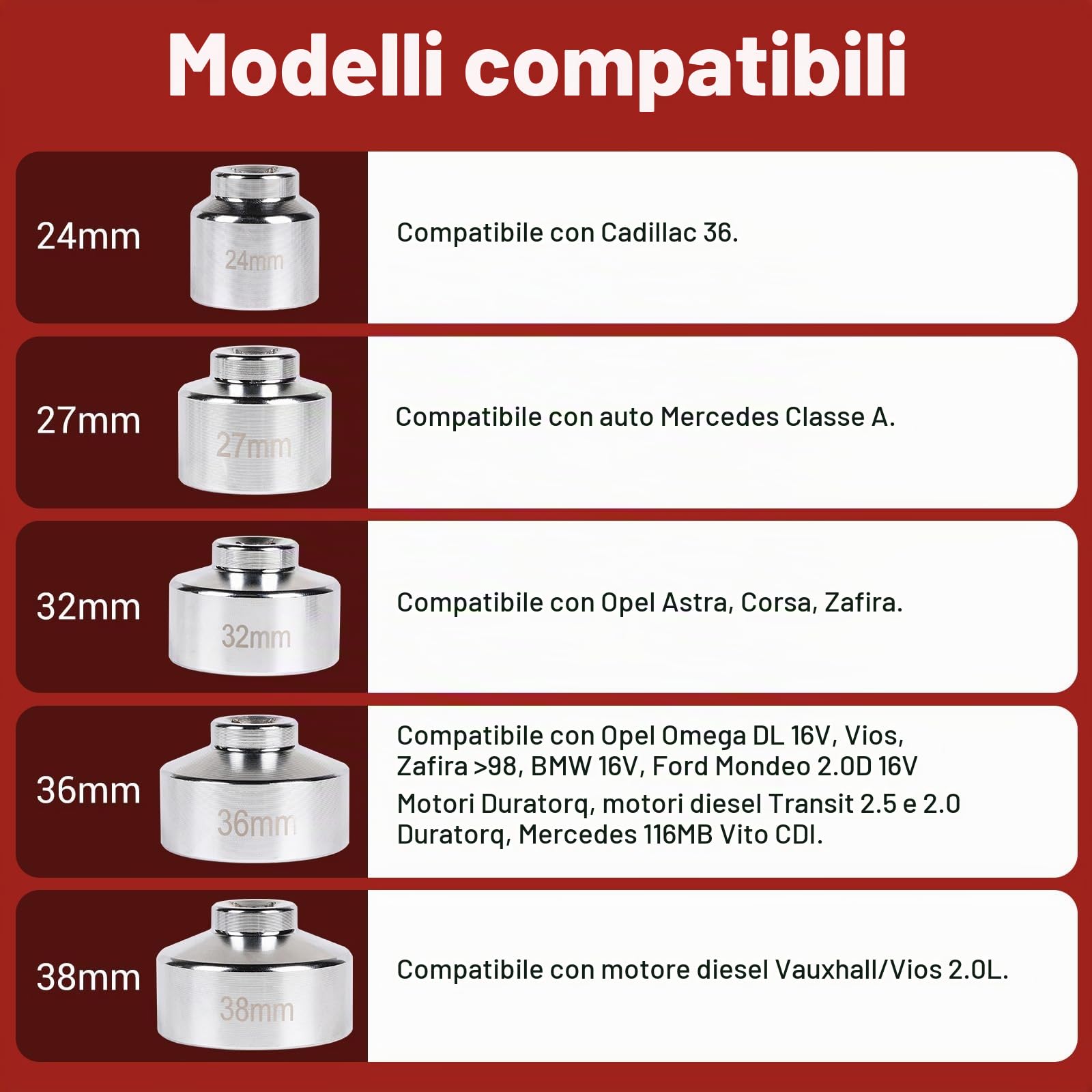 lalago Set di Chiavi per Filtro Olio 5 Pezzi, Chiavi a Tazza per Filtro Dell'olio, Chiave Esagonale da 3/8", in Acciaio al CR-V, Strumento di Rimozione Presa Filtro Olio Auto (24, 27, 32, 36, 38mm)