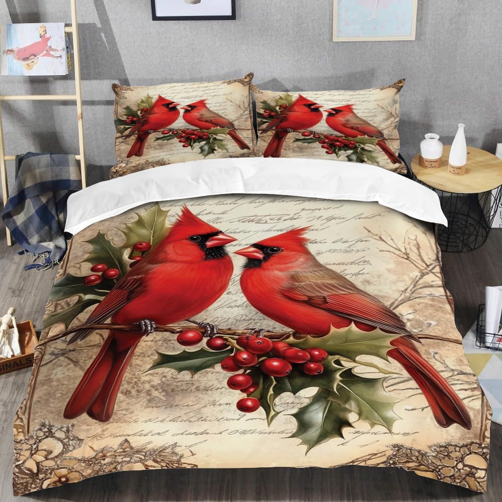 Vintage Cardinal Couple Bedding Set, Christmas Bedspreads King Queen Twin Full Size, Cardinal Home Decor Cardinal Home Decor Bedspread Lightweight Ultra-soft Xmas Bedding All Season, Cardinal Gifts