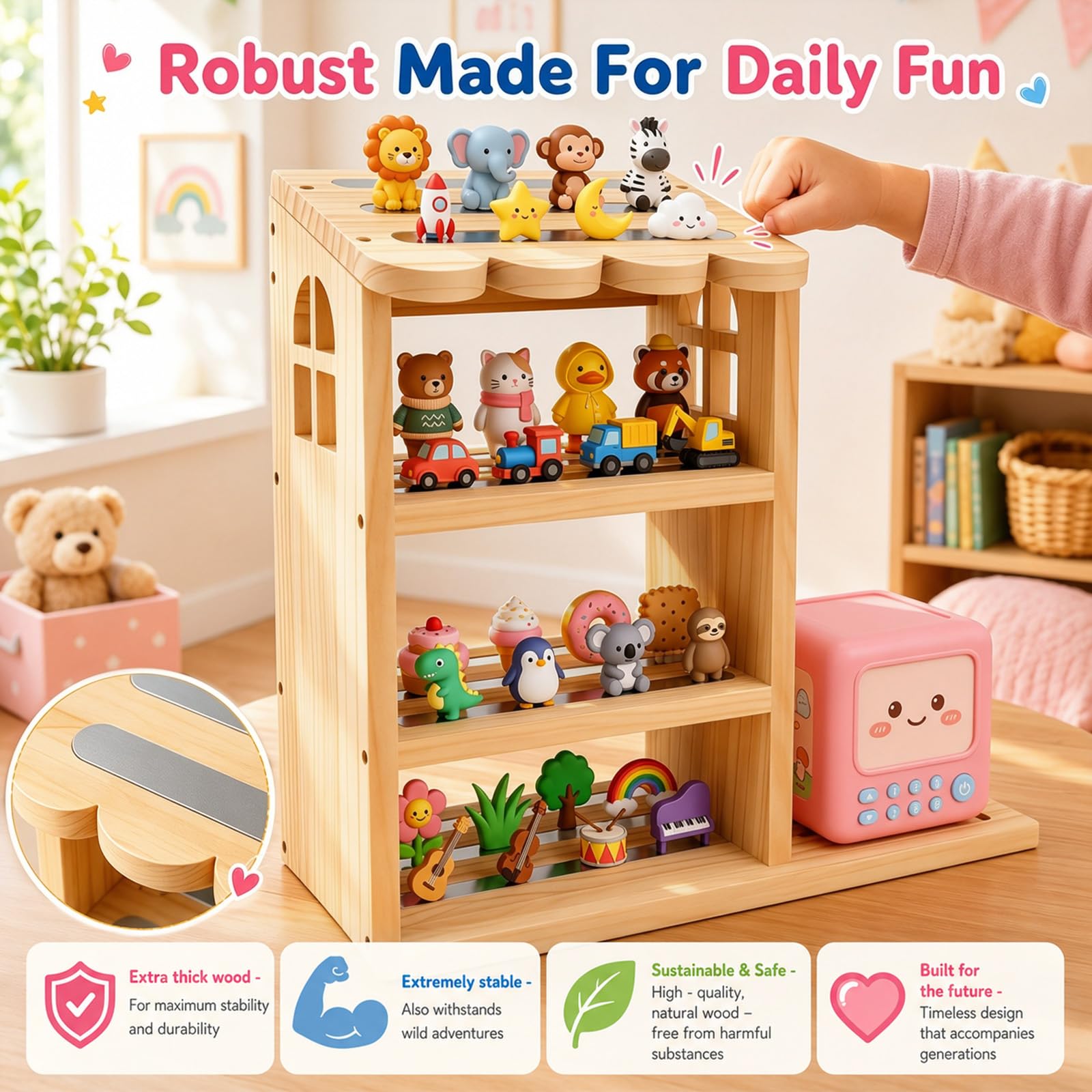 Scaffale magnetico a forma di casa, con 4 ripiani, organizer per 70-80 personaggi, scaffale da parete e mensola da tavolo per cameretta dei bambini, compatibile con scaffale della stazione di