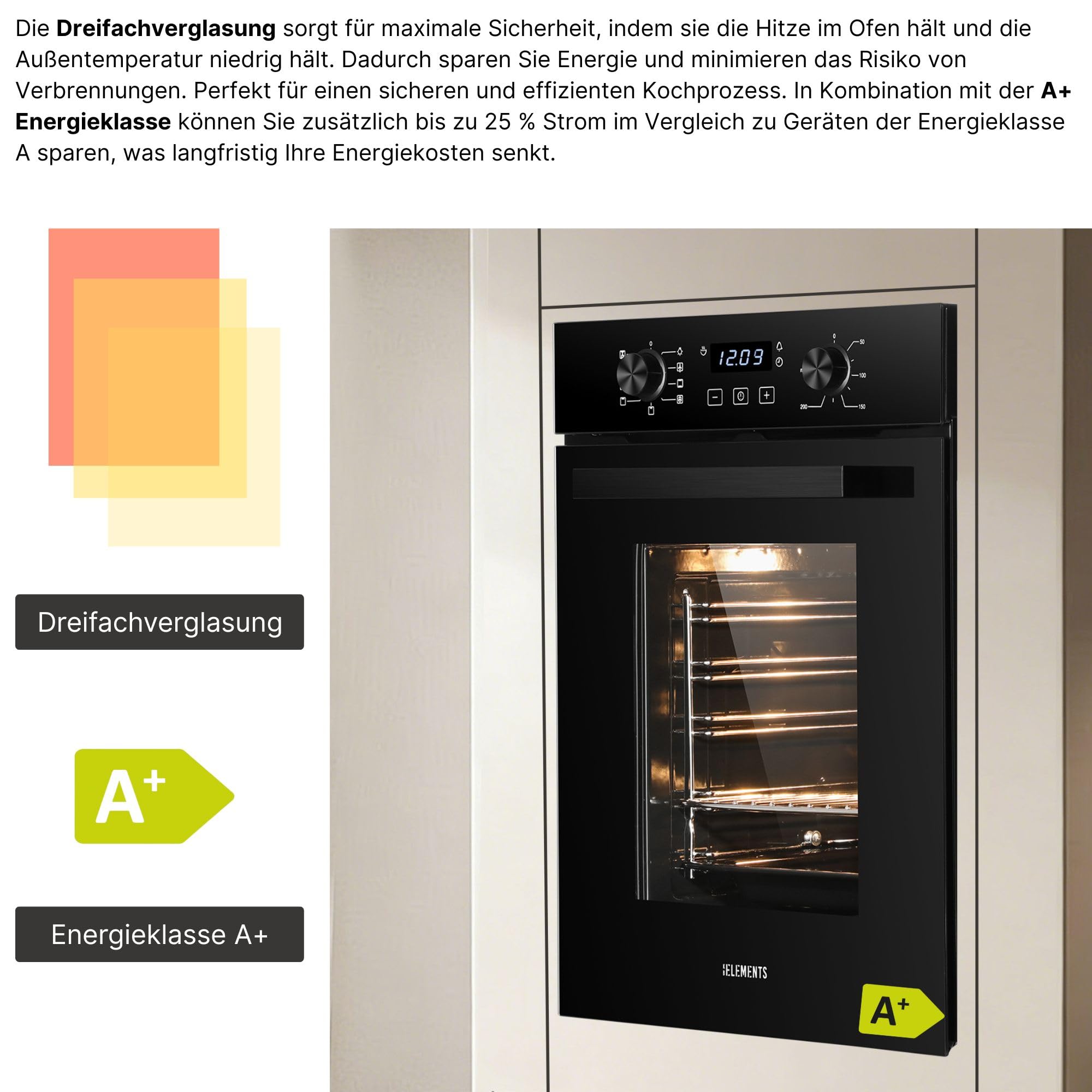 Einbaubackofen 45 cm - Backofen 45 cm breit, 50 Liter, Aqua Clean, Circle Fan Heater, Wide-Screen-Window, versenkbare Drehknebel