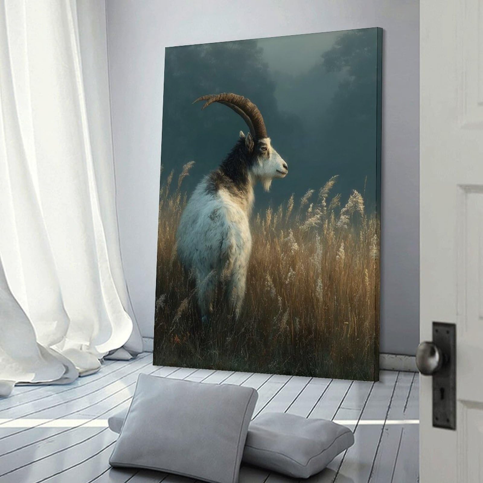 Junmoney Goat in A Misty Field Wall Picture Print, 16x24inch(40x60cm), for Flats, Guest Rooms Or Compact Rooms, Decorative Canvas Decor for Home Updates