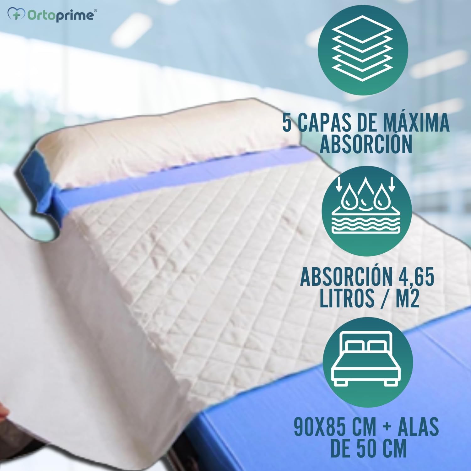OrtoPrime Empapador Cama Super Absorbente 4,65 litros m2 + 400 Lavados - Protector Colchón 5 Capas - para Adultos Bebes y Niños - Protector Lavable con Alas - 90 x 85